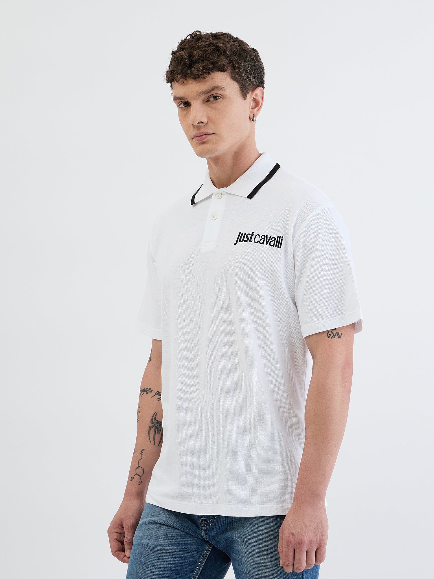 Just Cavalli Men White Solid Polo Tshirt