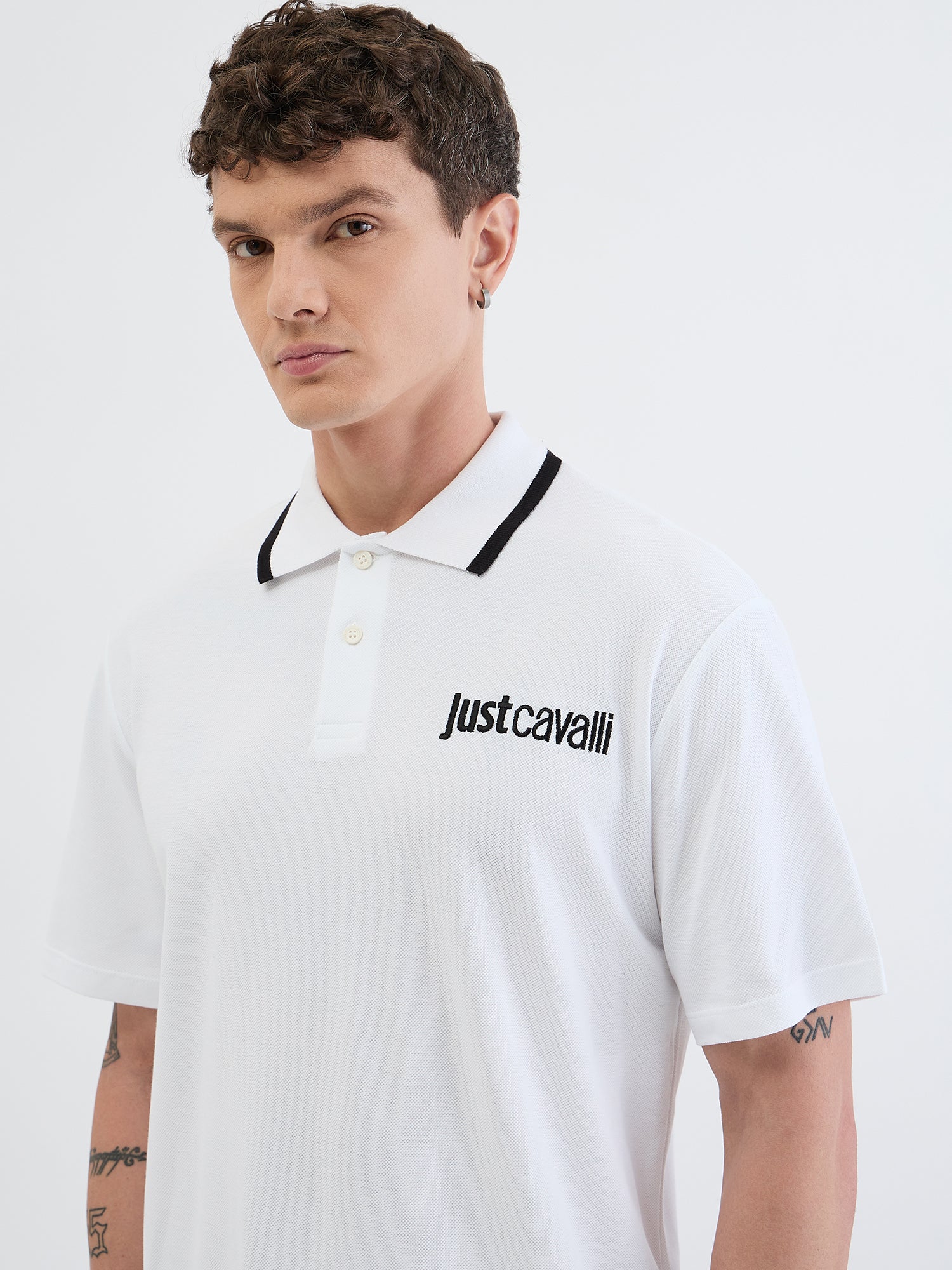 Just Cavalli Men White Solid Polo Tshirt