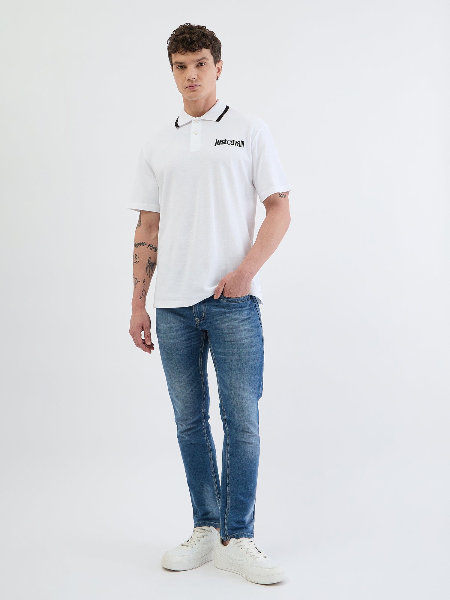 Just Cavalli Men White Solid Polo Tshirt