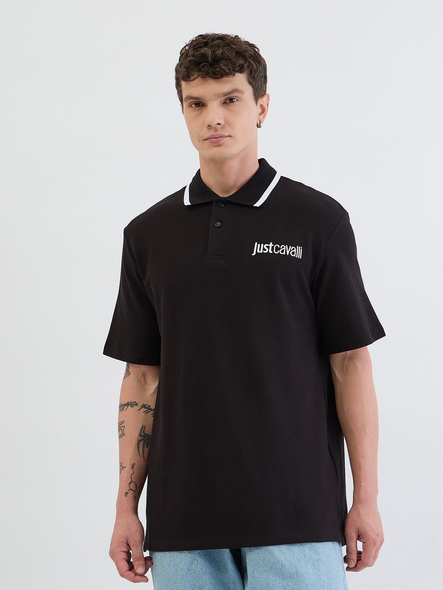 Just Cavalli Men Black Solid Polo Tshirt