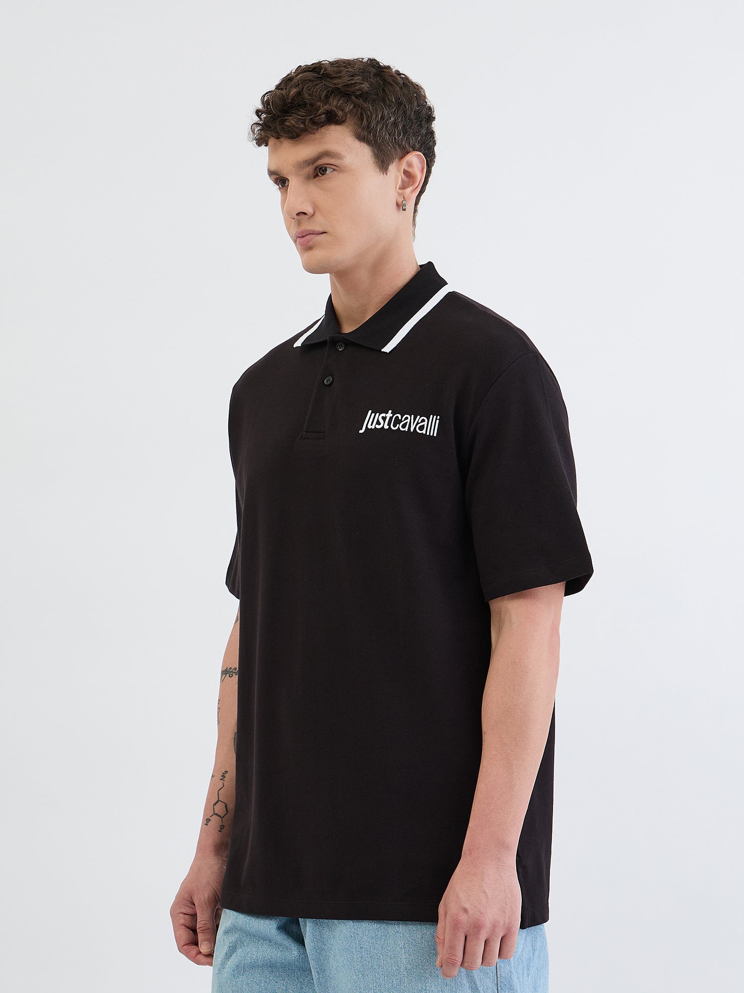 Just Cavalli Men Black Solid Polo Tshirt