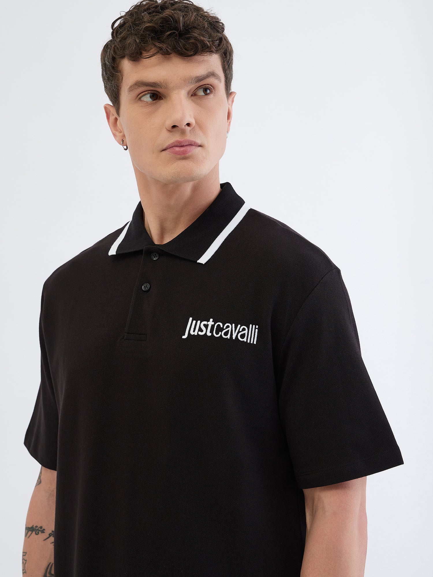 Just Cavalli Men Black Solid Polo Tshirt