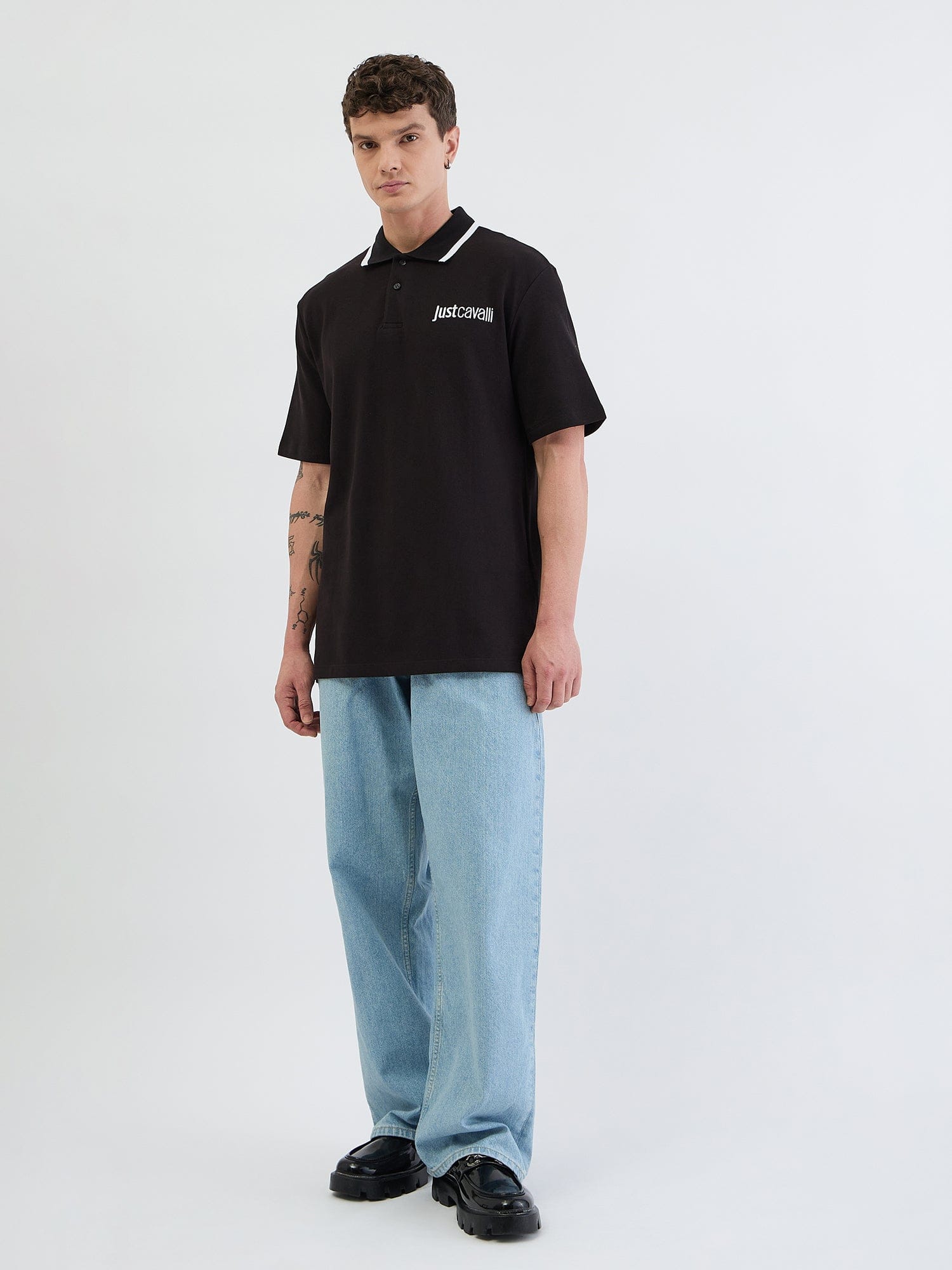 Just Cavalli Men Black Solid Polo Tshirt