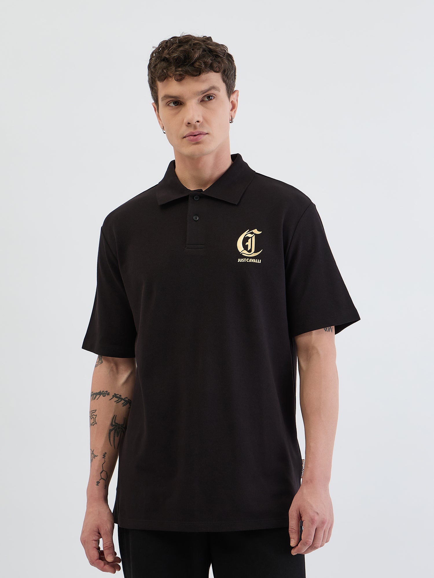 Just Cavalli Men Black Solid Polo Tshirt