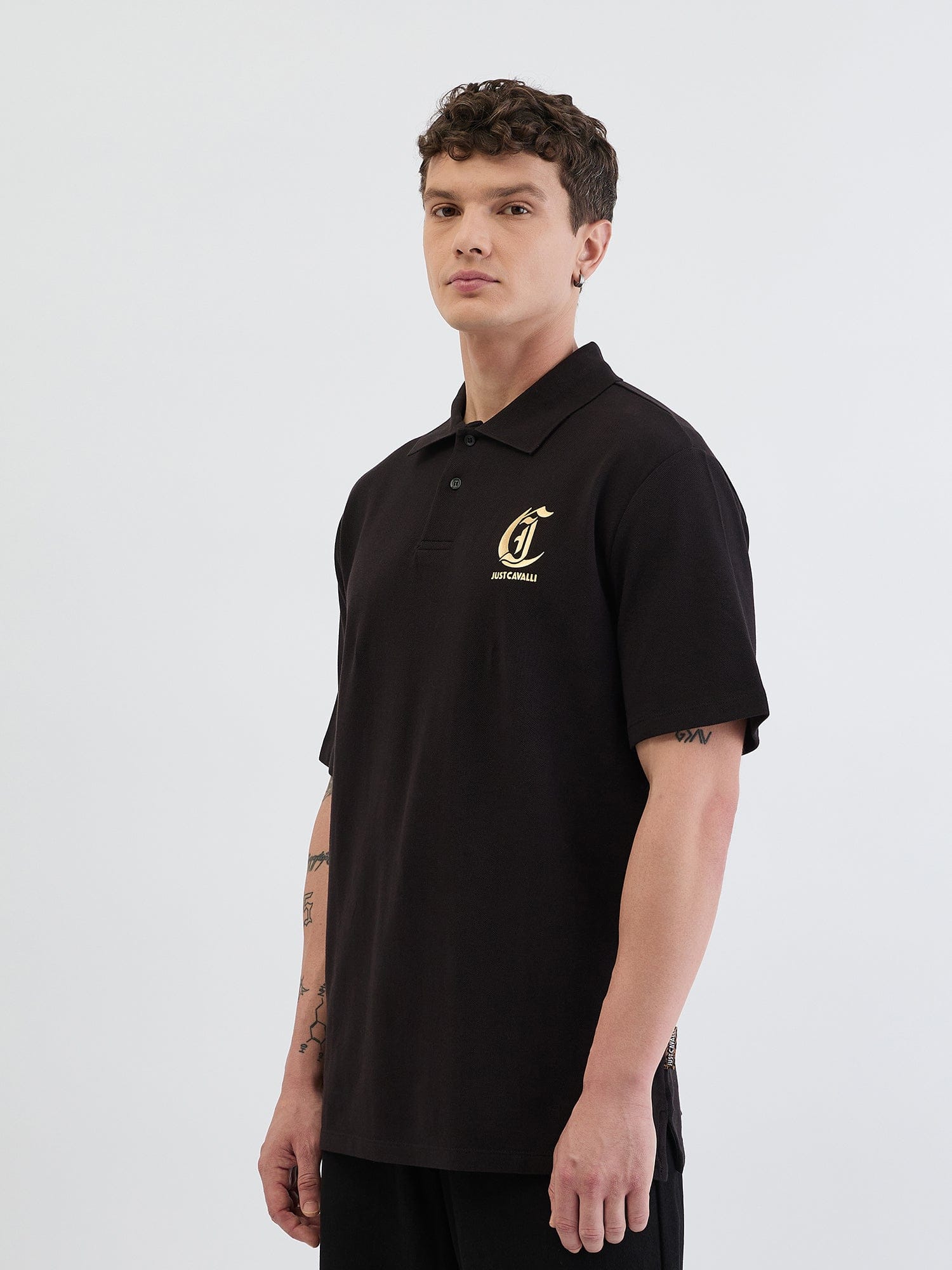 Just Cavalli Men Black Solid Polo Tshirt