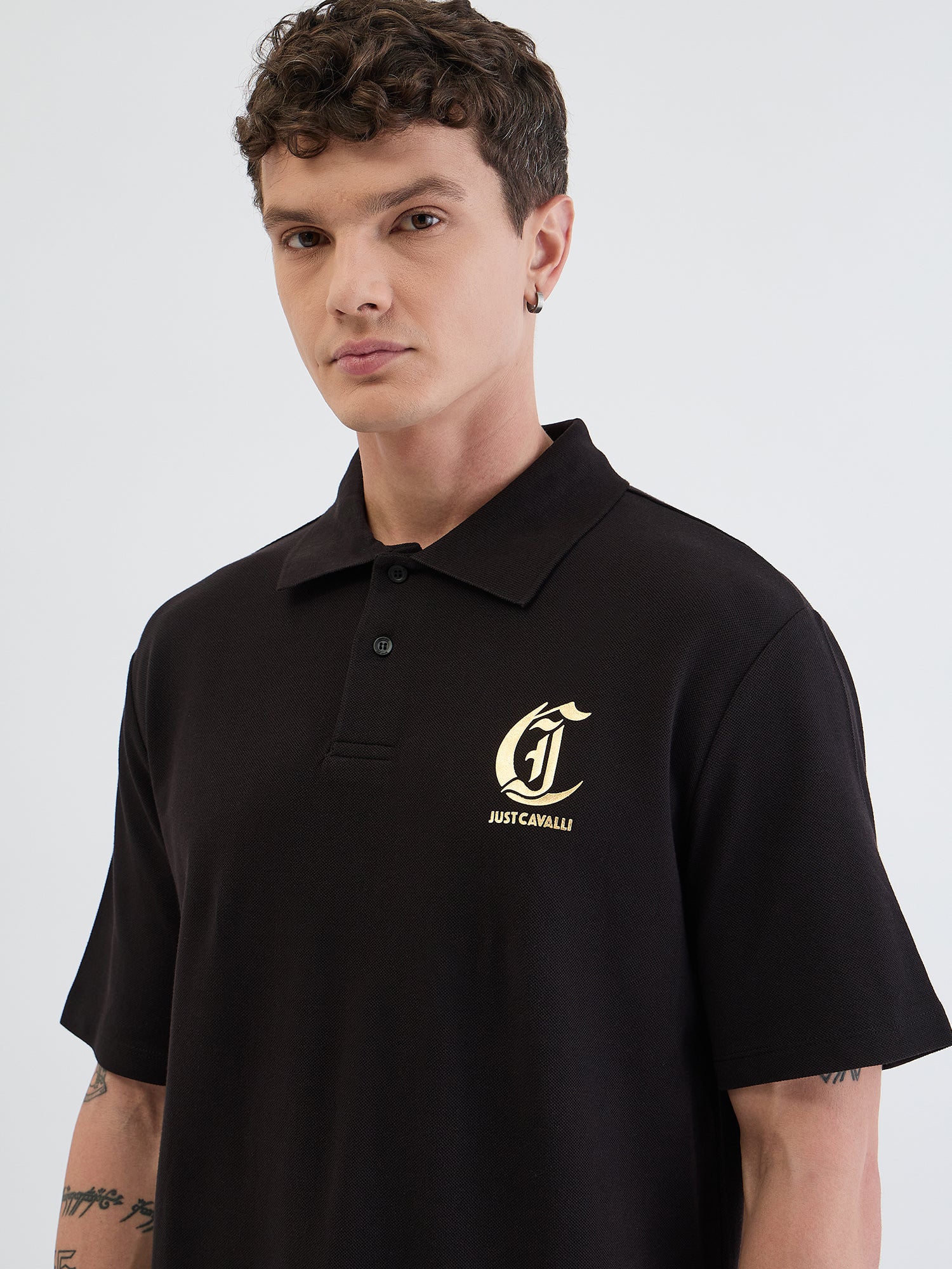 Just Cavalli Men Black Solid Polo Tshirt