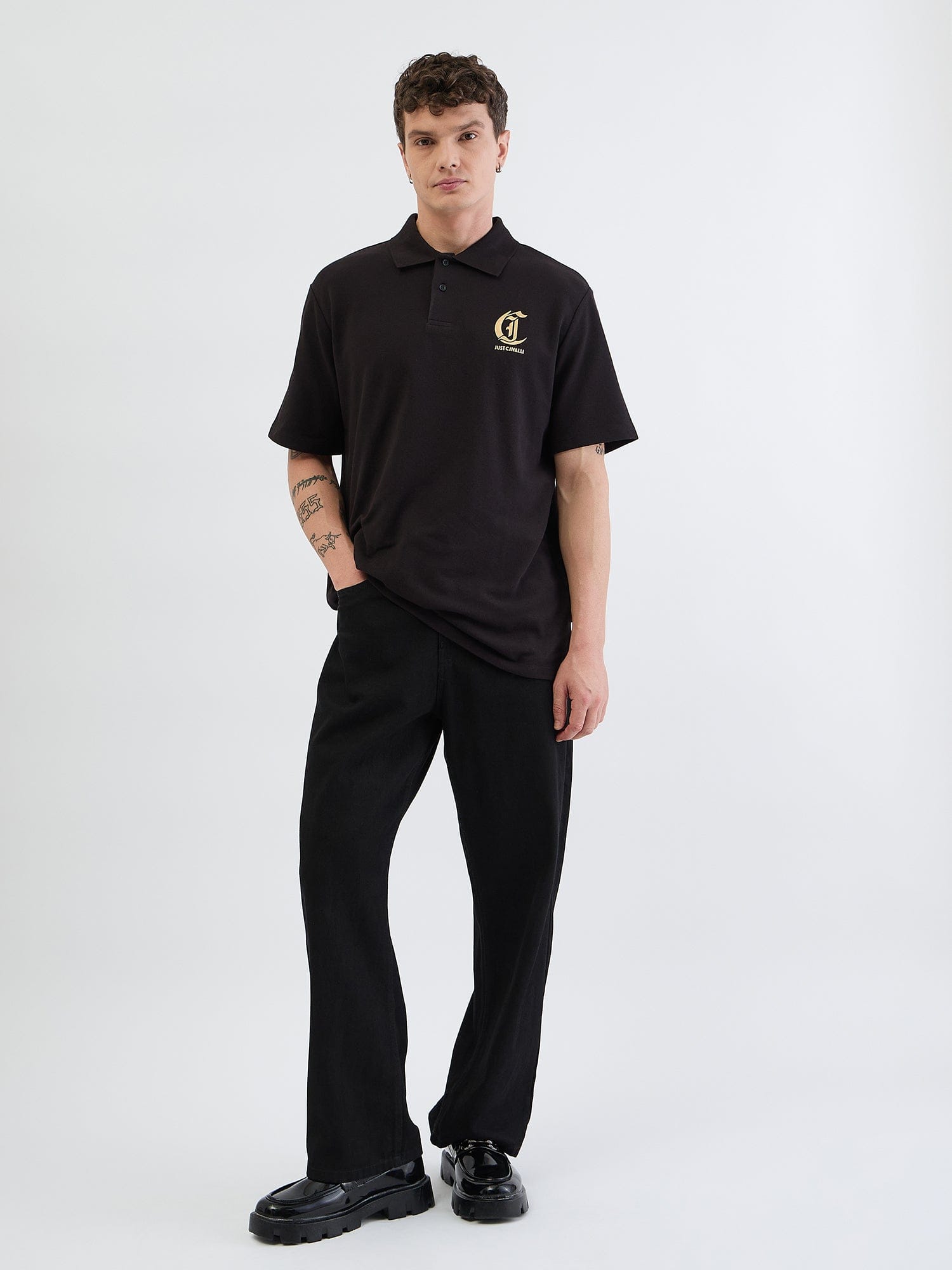 Just Cavalli Men Black Solid Polo Tshirt