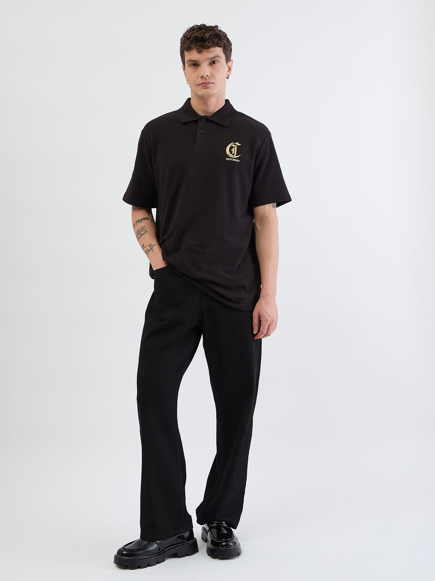 Just Cavalli Men Black Solid Polo Tshirt