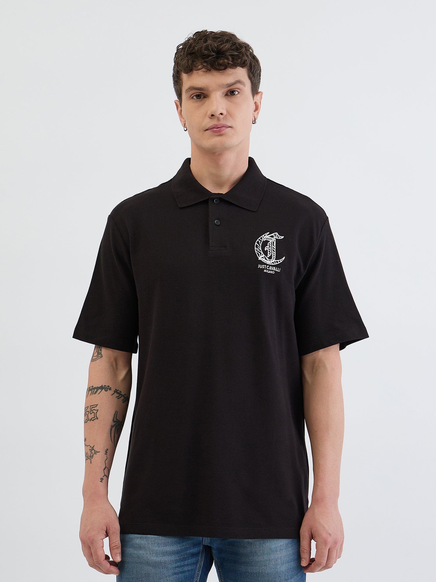 Just Cavalli Men Black Solid Polo Tshirt