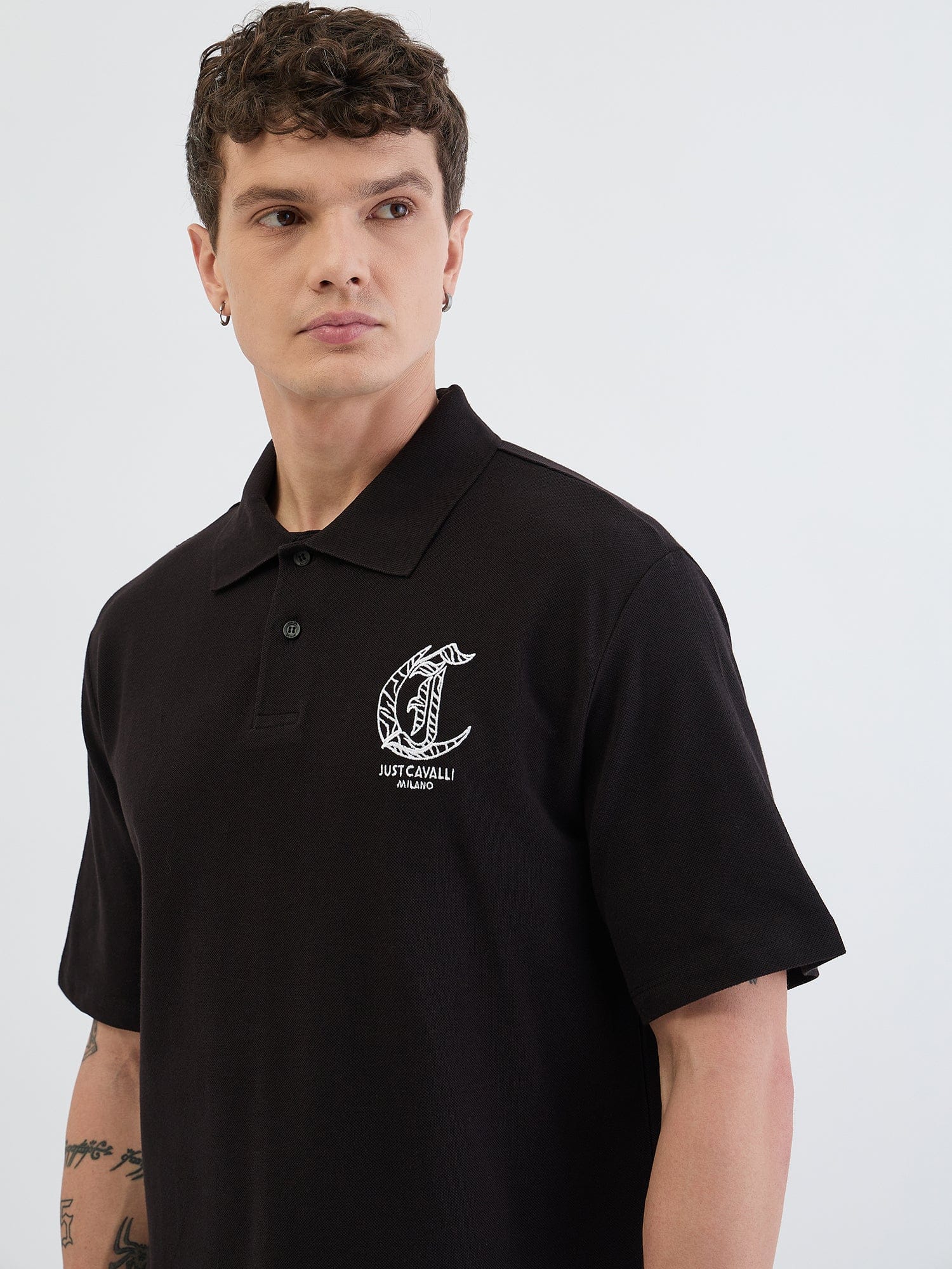 Just Cavalli Men Black Solid Polo Tshirt