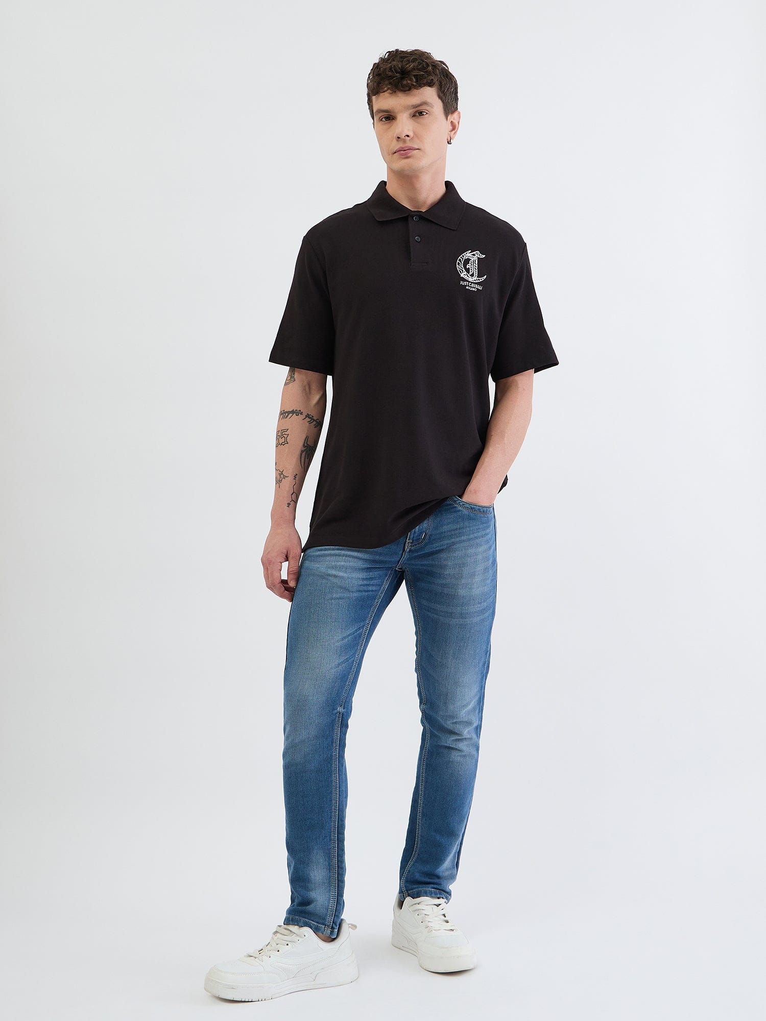 Just Cavalli Men Black Solid Polo Tshirt