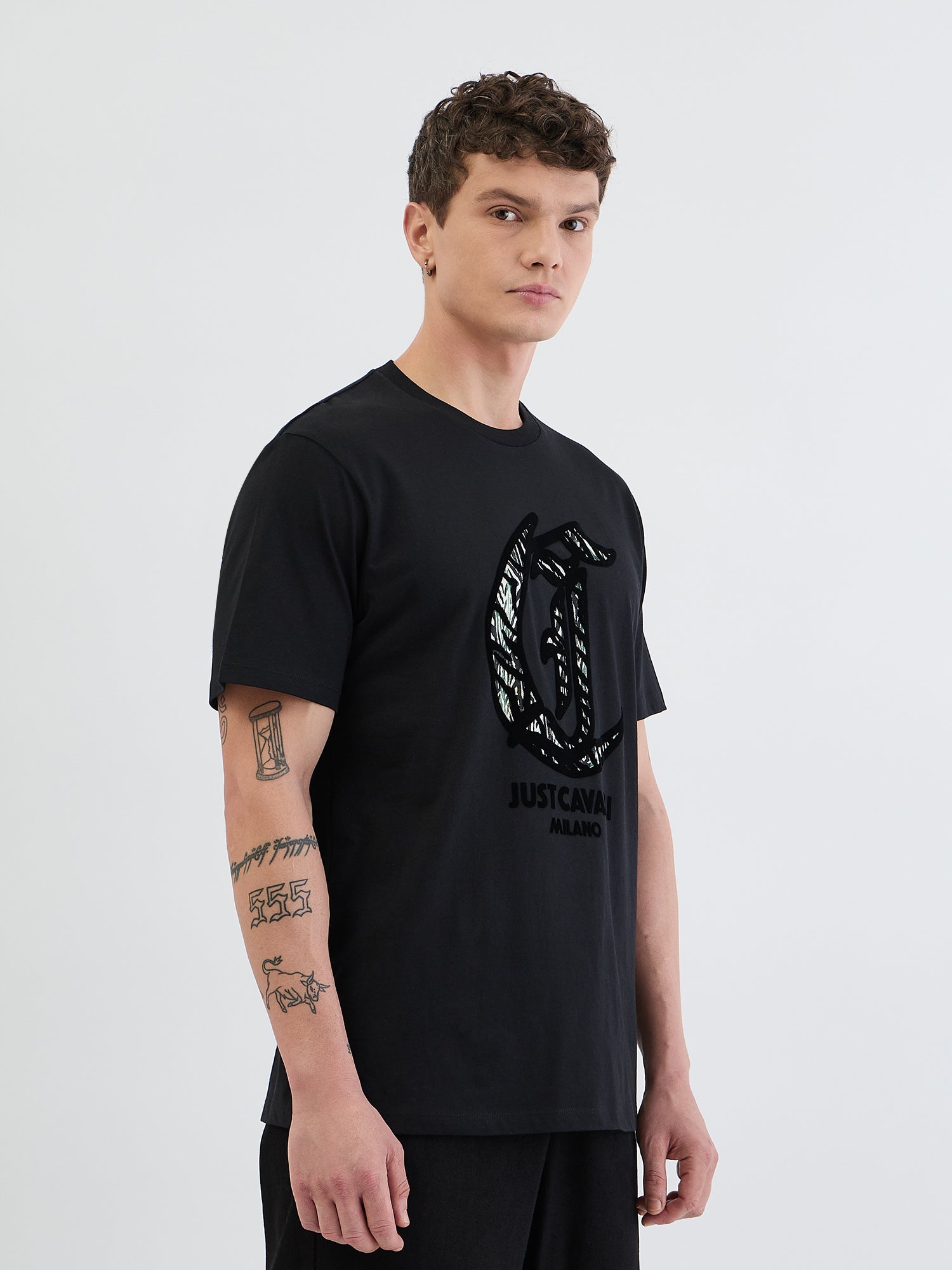 Just Cavalli Men Black Placement Print Round Neck Tshirt