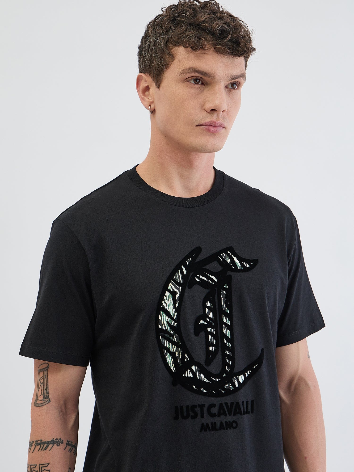 Just Cavalli Men Black Placement Print Round Neck Tshirt