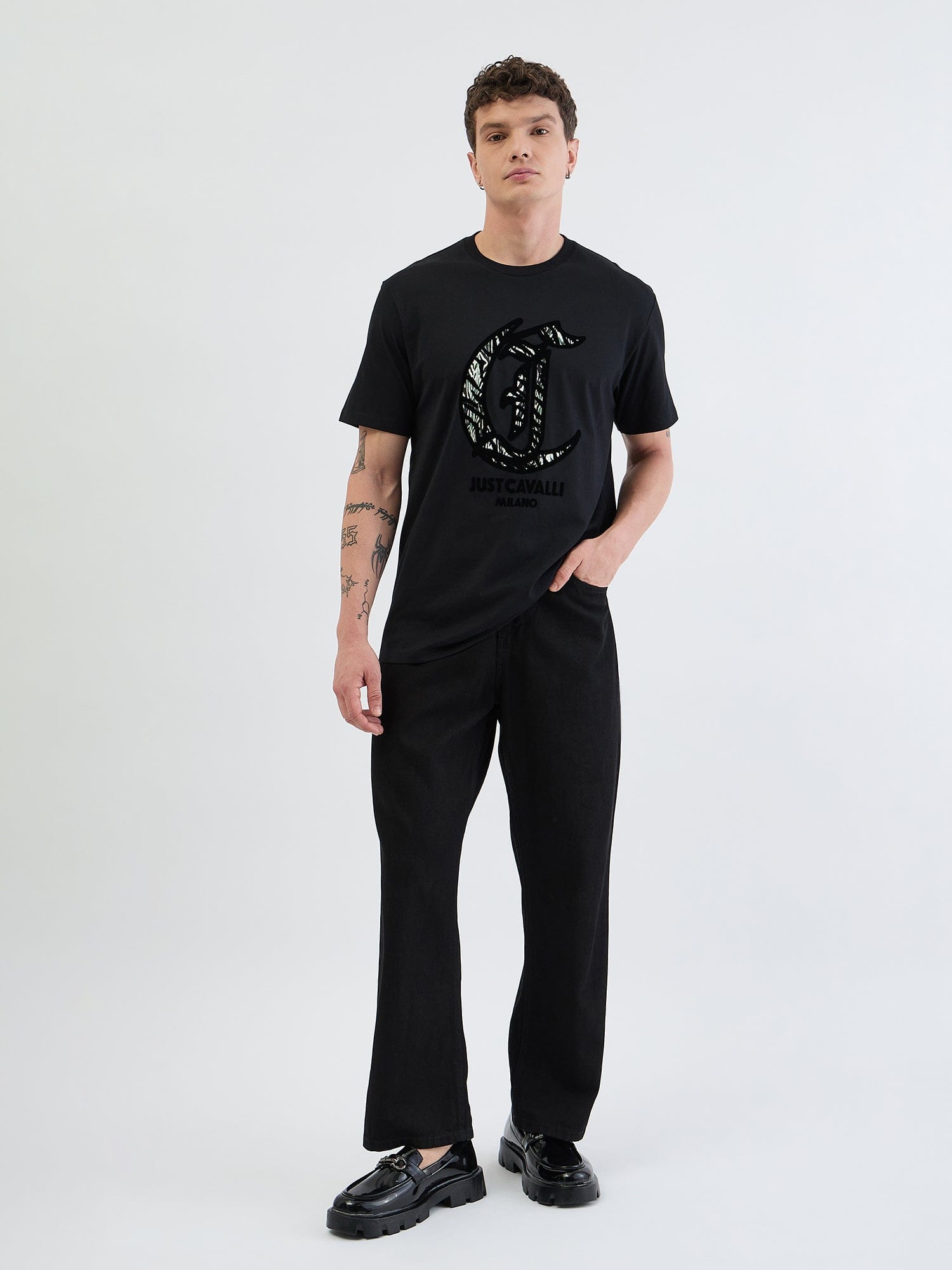 Just Cavalli Men Black Placement Print Round Neck Tshirt