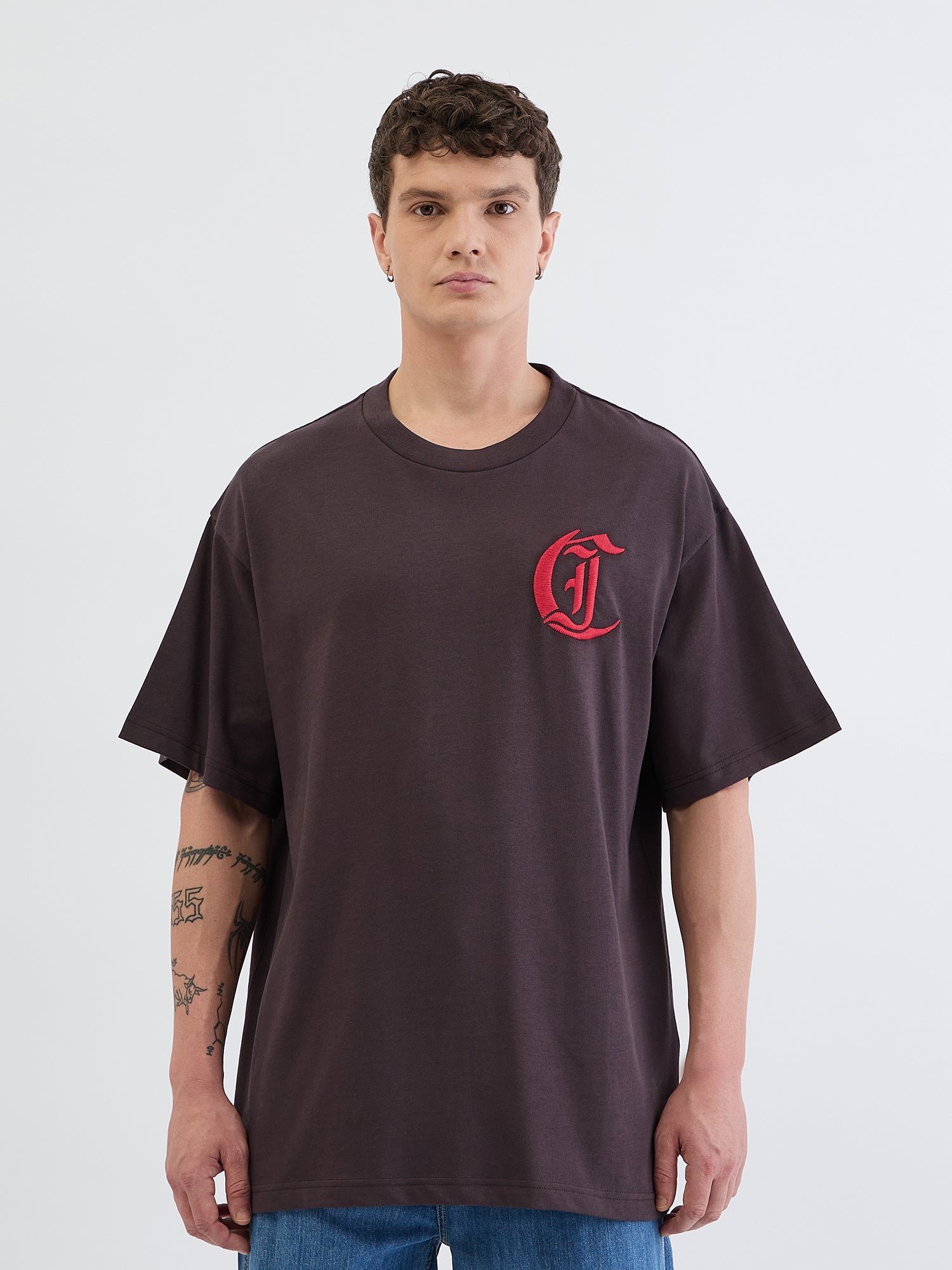 Just Cavalli Men Black Solid Round Neck Tshirt