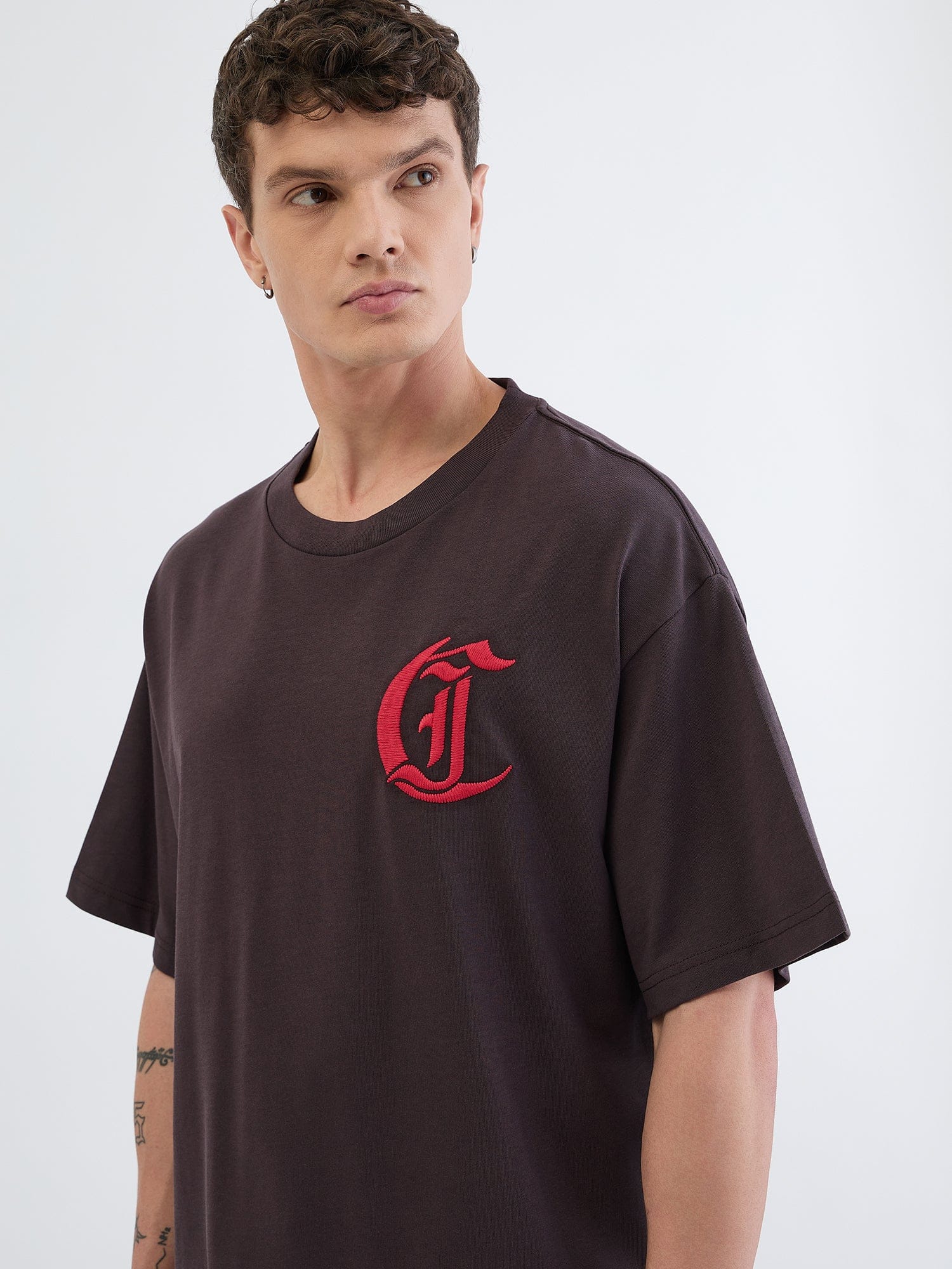 Just Cavalli Men Black Solid Round Neck Tshirt