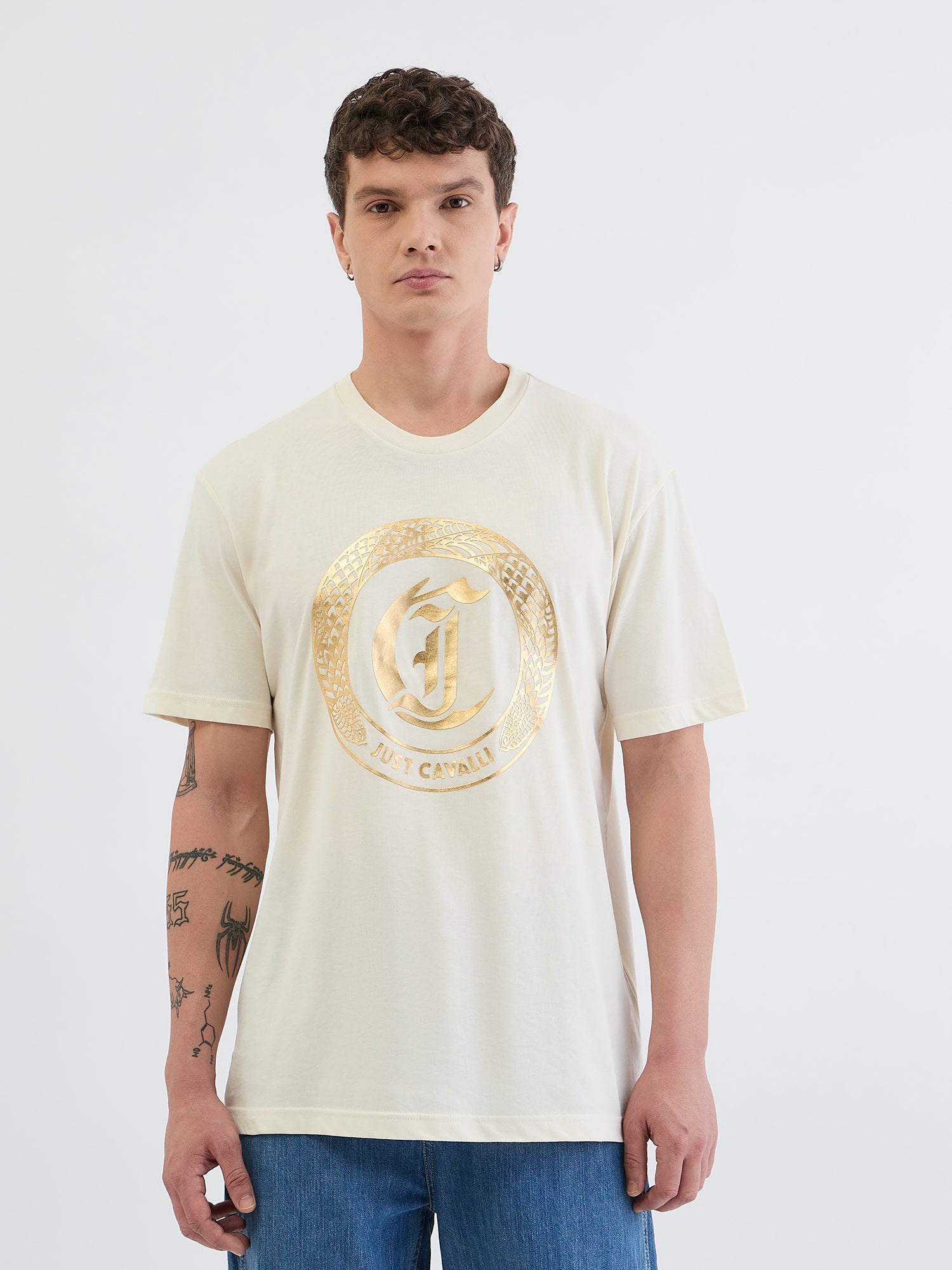 Just Cavalli Men Cream Placement Print Round Neck Tshirt
