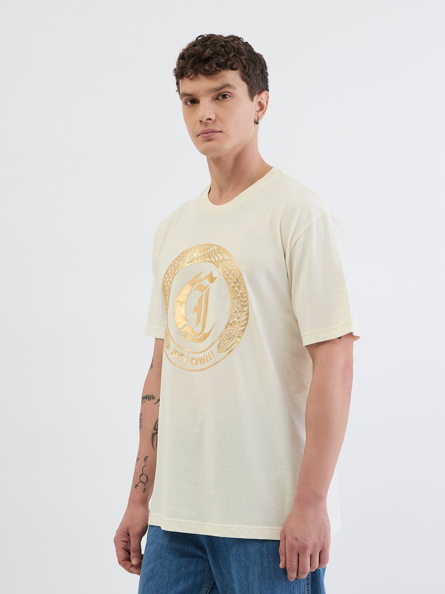 Just Cavalli Men Cream Placement Print Round Neck Tshirt