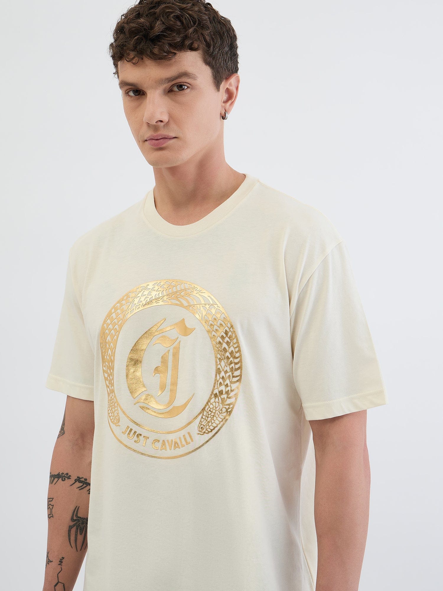 Just Cavalli Men Cream Placement Print Round Neck Tshirt