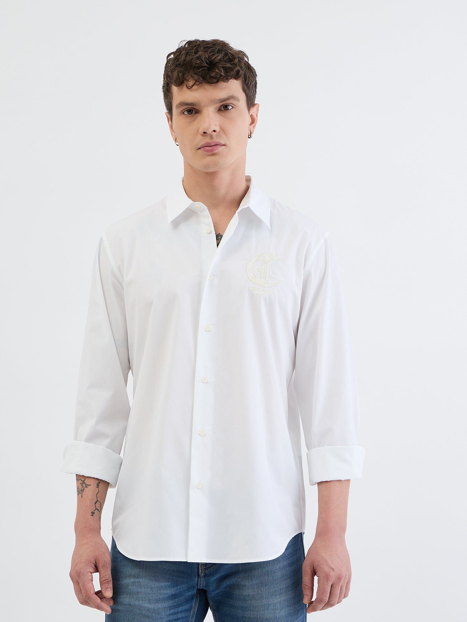 Just Cavalli Men White Solid Collar Shirt