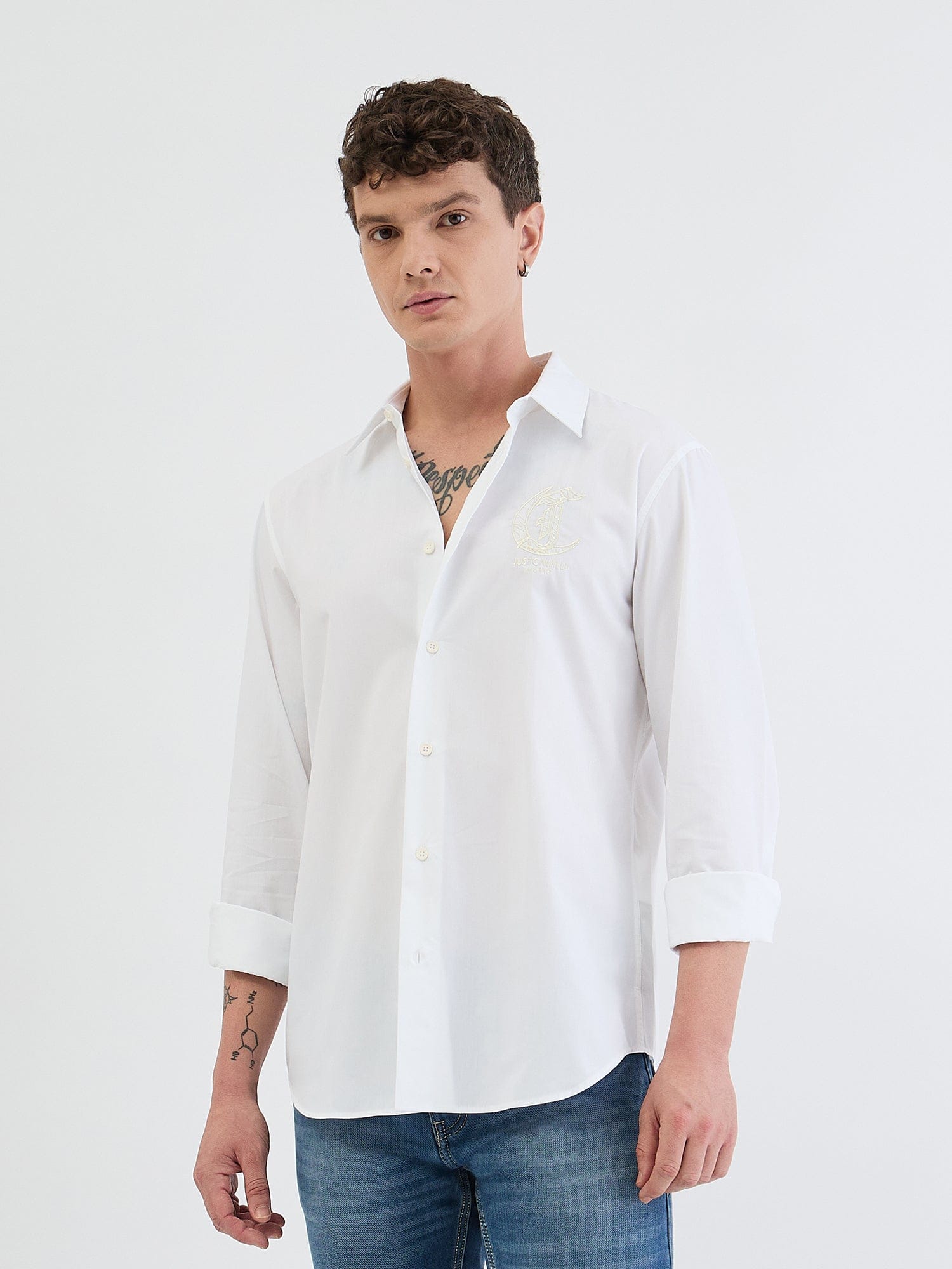 Just Cavalli Men White Solid Collar Shirt