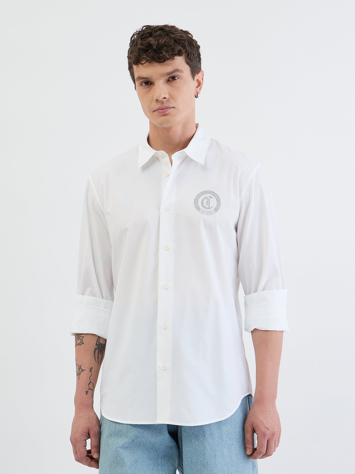 Just Cavalli Men White Solid Collar Shirt