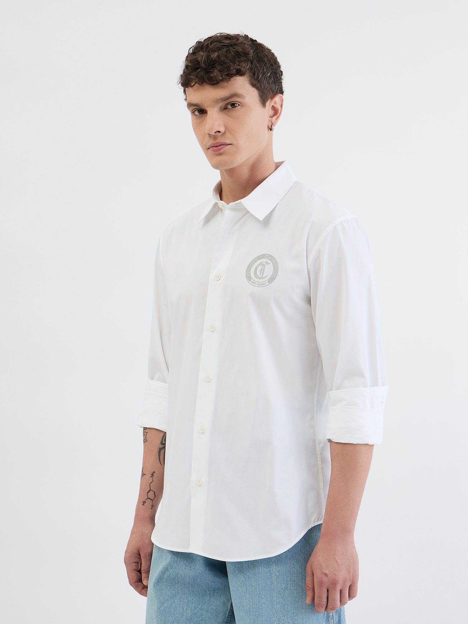 Just Cavalli Men White Solid Collar Shirt