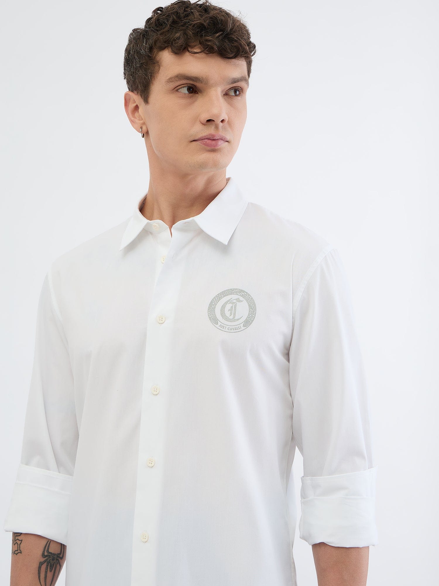 Just Cavalli Men White Solid Collar Shirt