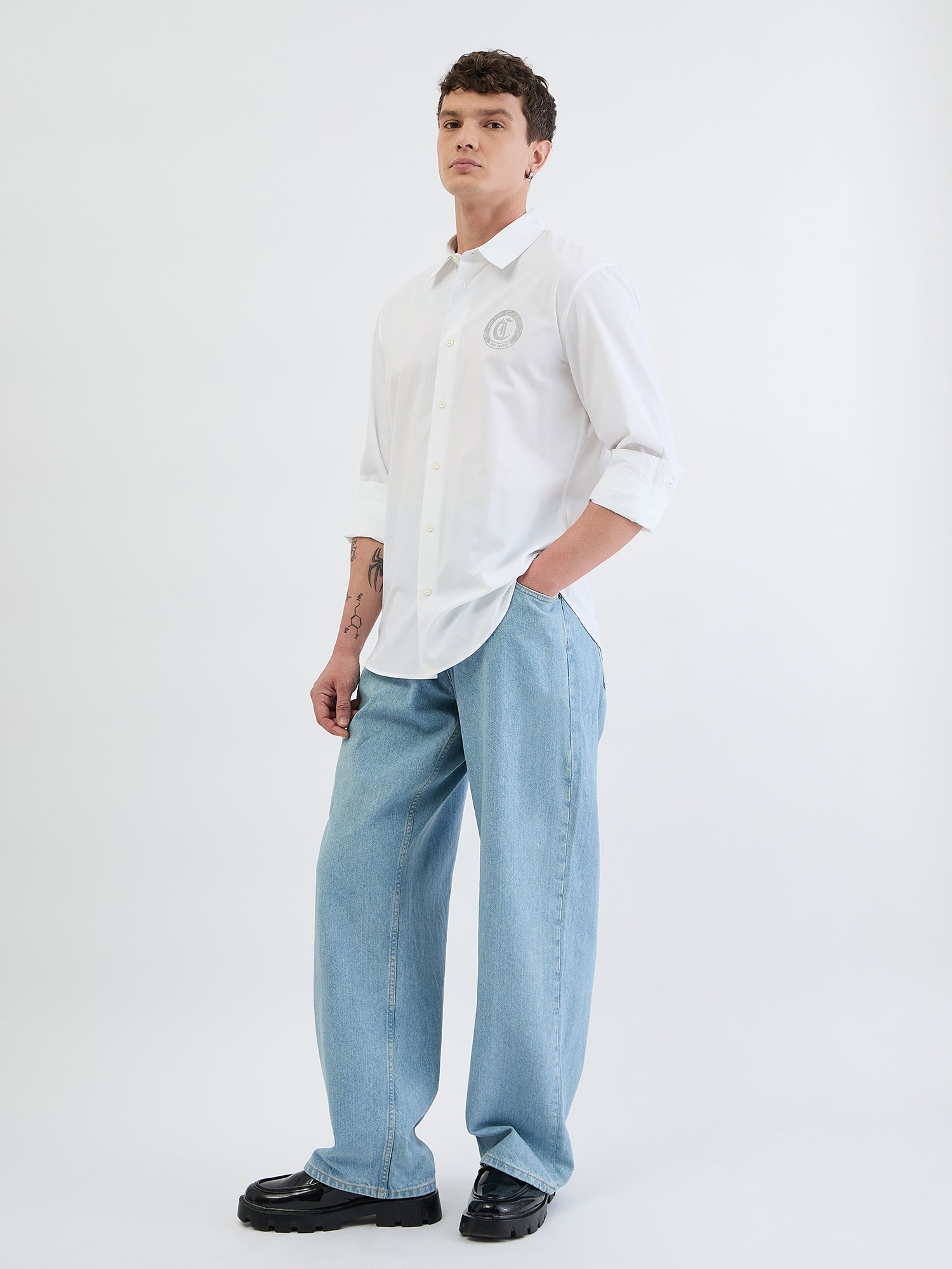 Just Cavalli Men White Solid Collar Shirt