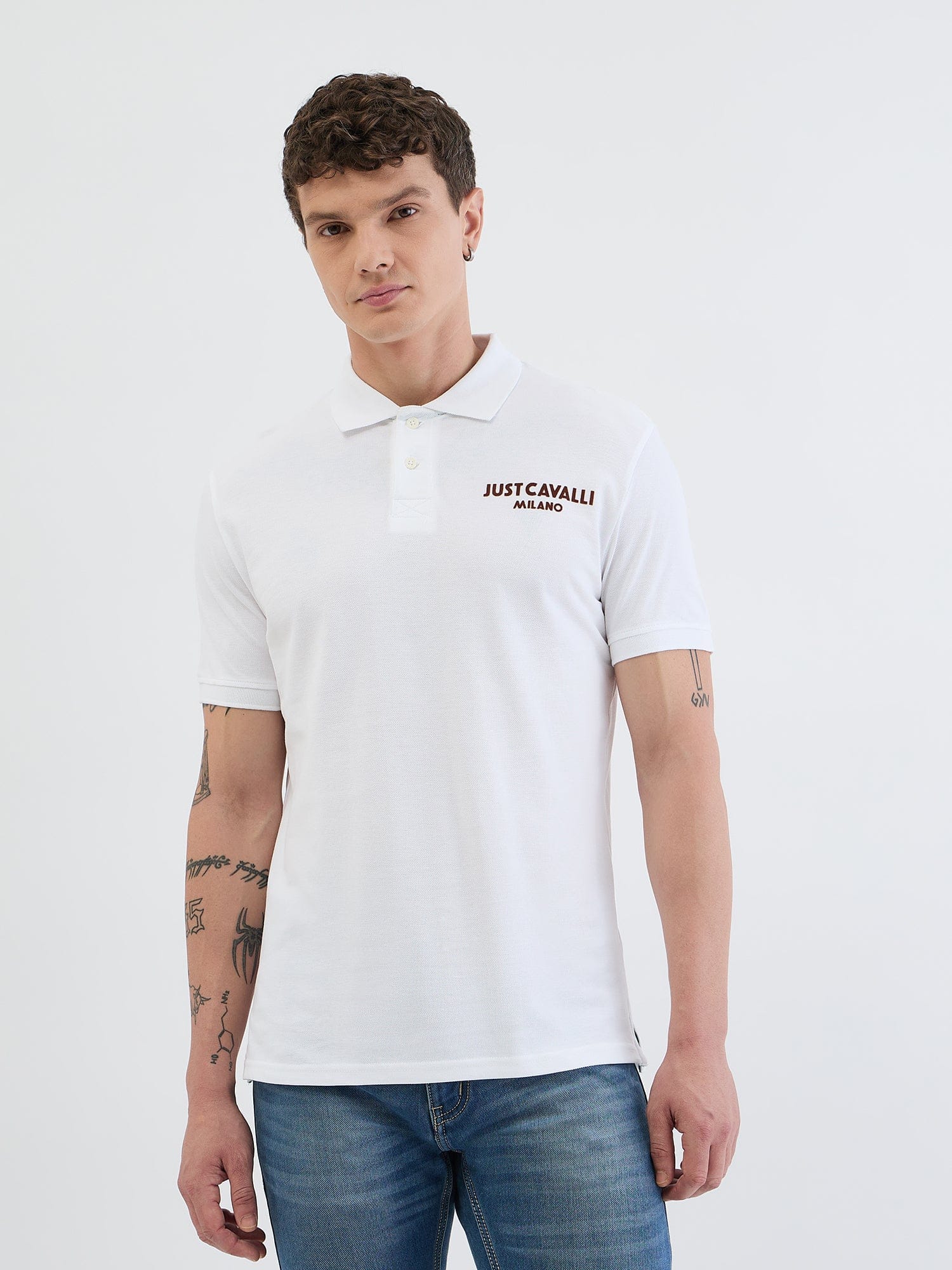 Just Cavalli Men White Solid Polo Tshirt