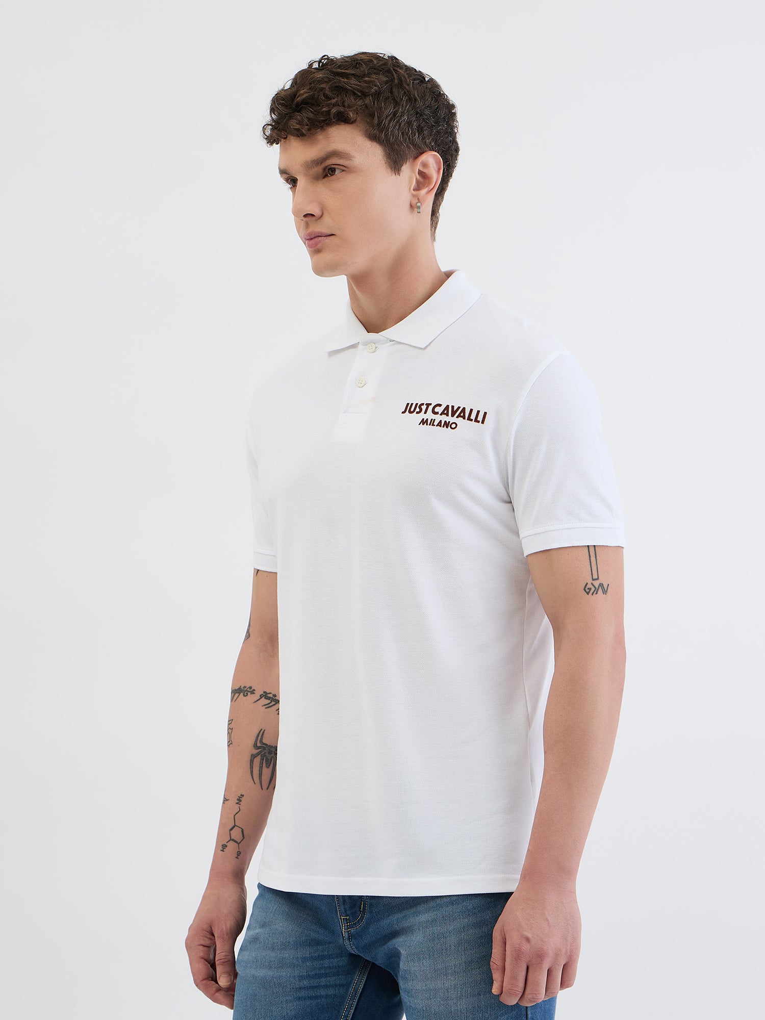 Just Cavalli Men White Solid Polo Tshirt