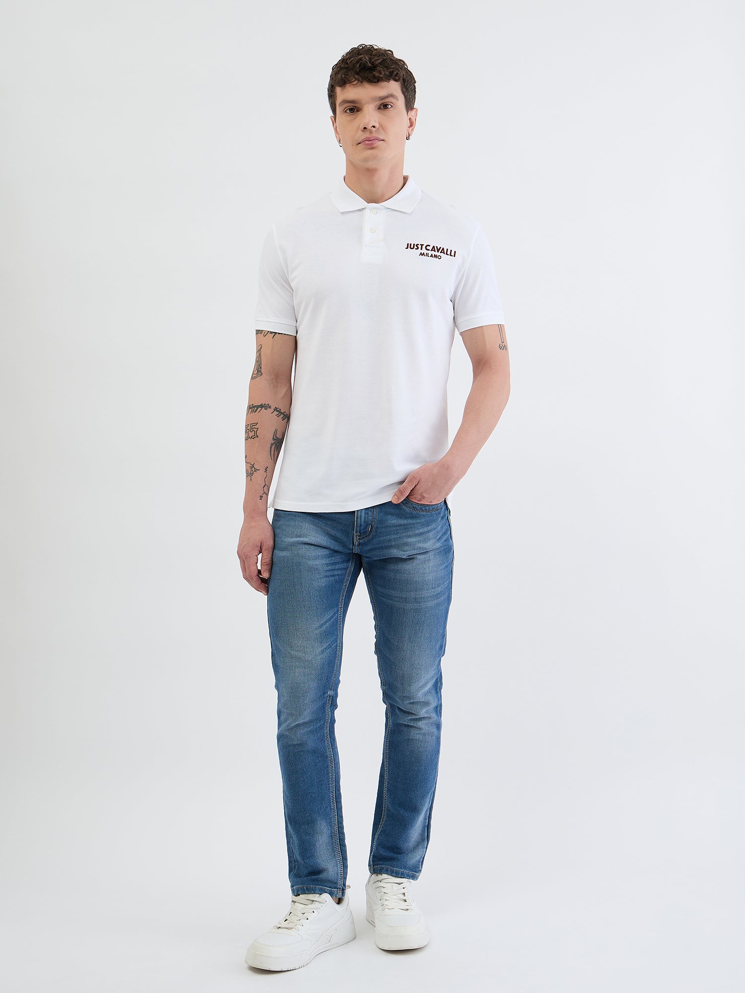 Just Cavalli Men White Solid Polo Tshirt