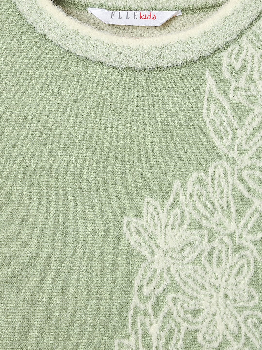 ELLE Girls Green Acrylic Embroidered Round Neck Sweater