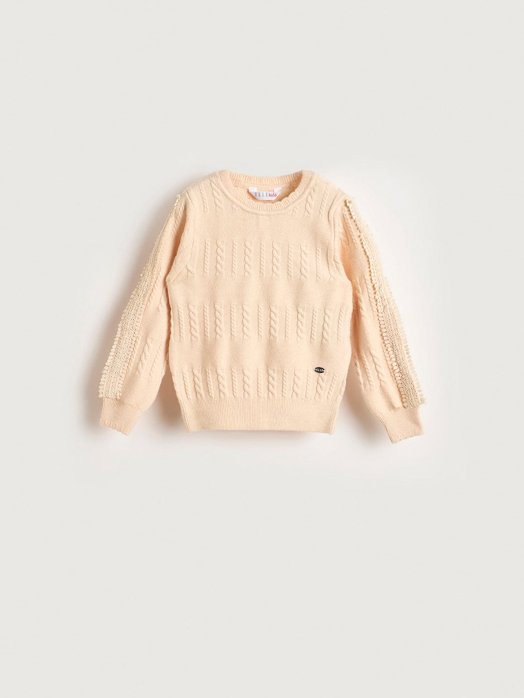 ELLE Girls Cream Acrylic Textured Round Neck Sweater