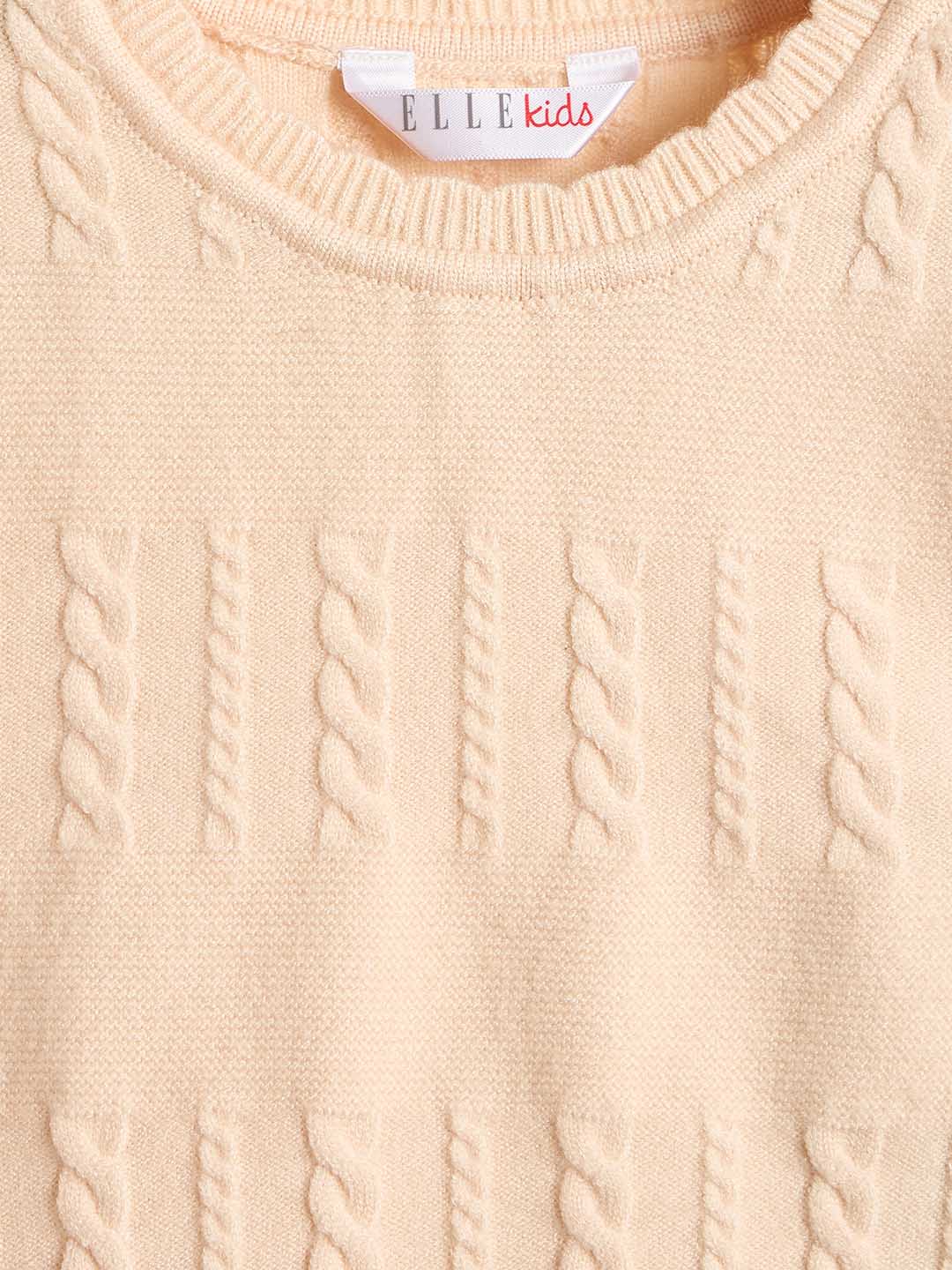 ELLE Girls Cream Acrylic Textured Round Neck Sweater