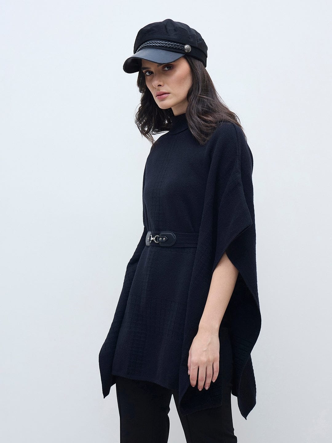 ELLE Women Black Blended Solid High Neck Flat Knitted Sweater