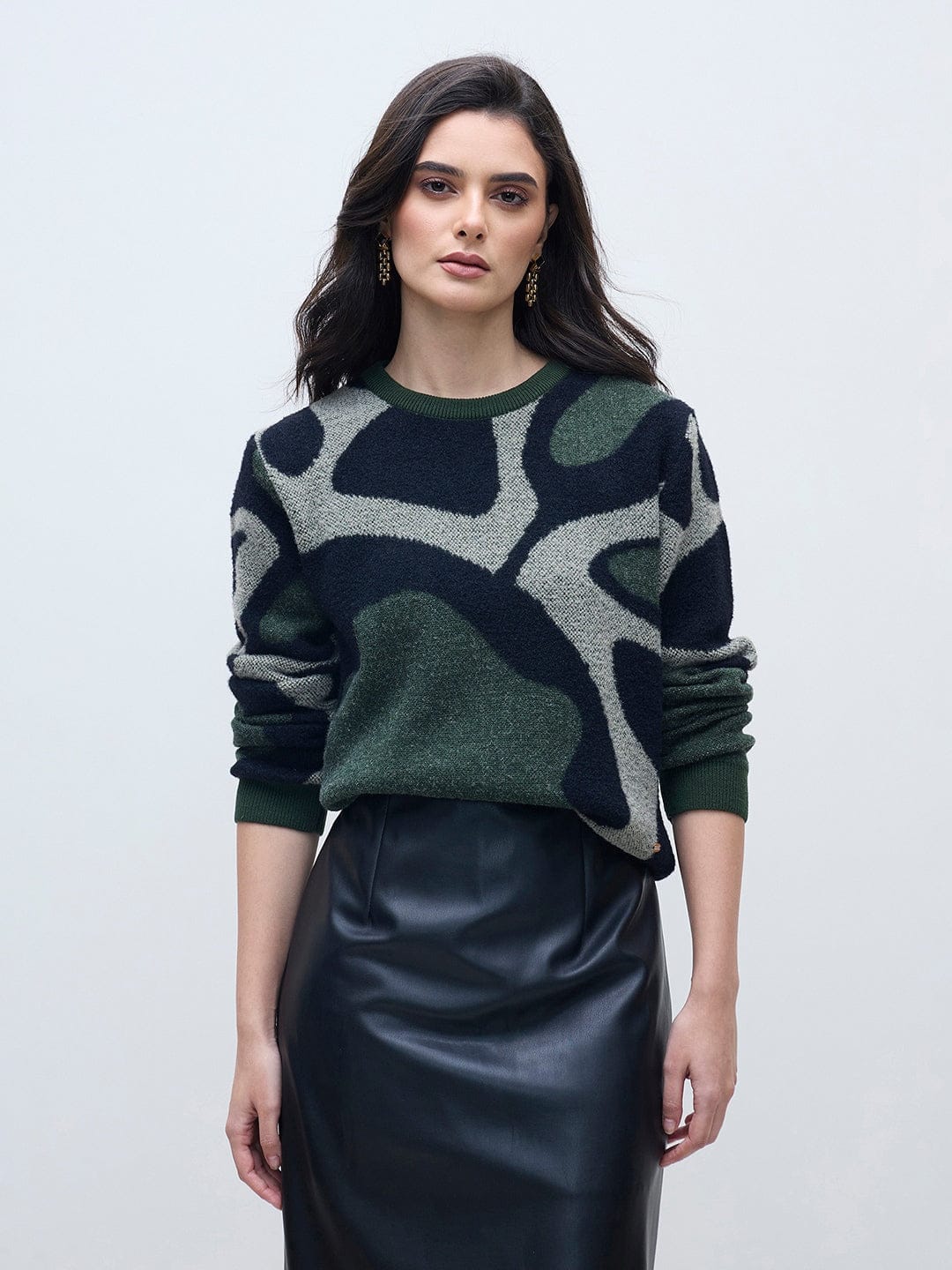 ELLE Women Multi Acrylic Solid Crew Neck Sweater