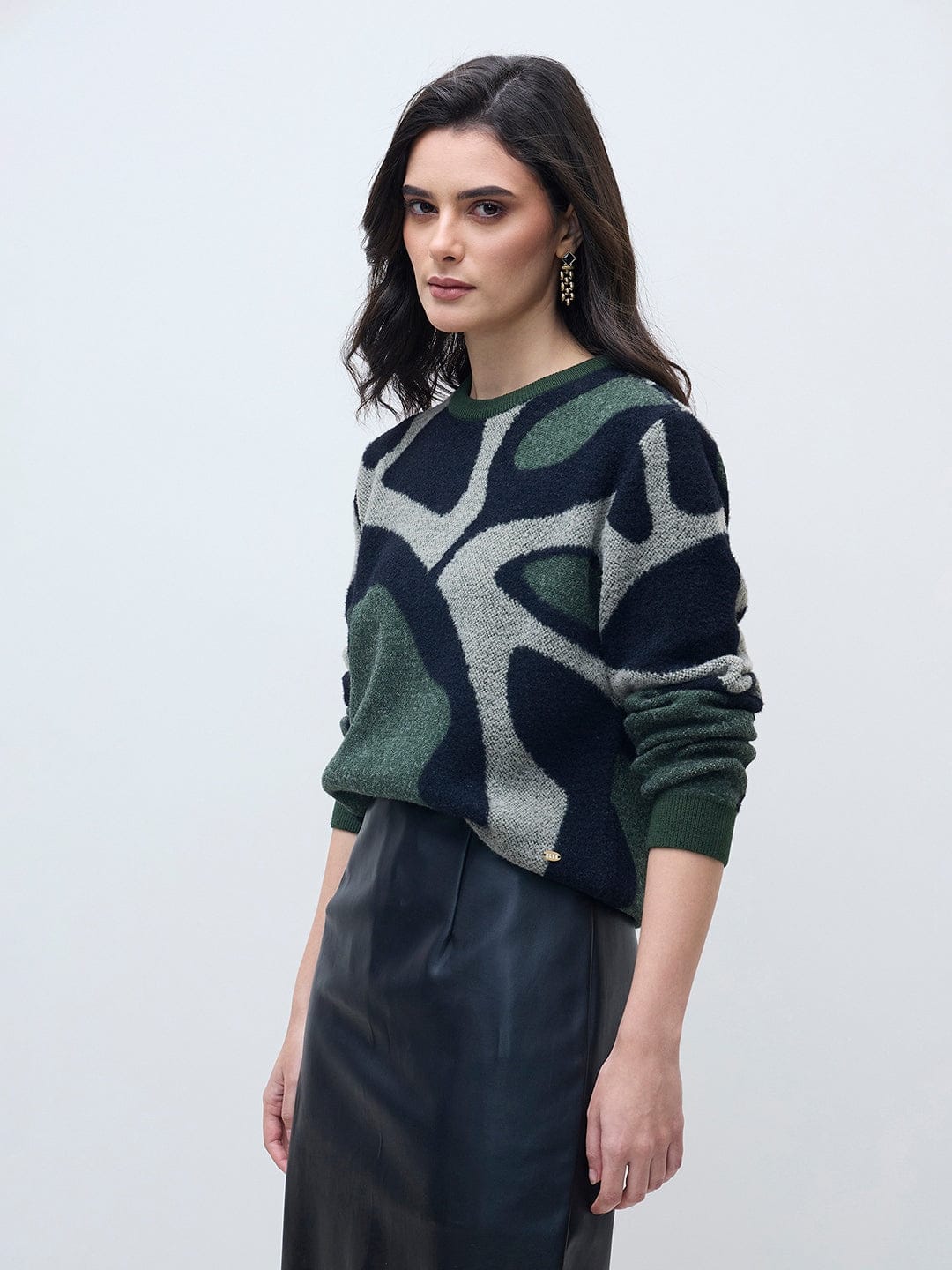 ELLE Women Multi Acrylic Solid Crew Neck Sweater