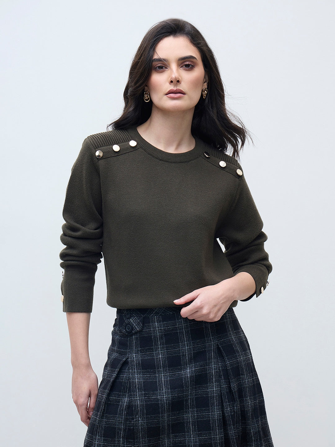 ELLE Women Olive Green Blended Solid Crew Neck Sweater