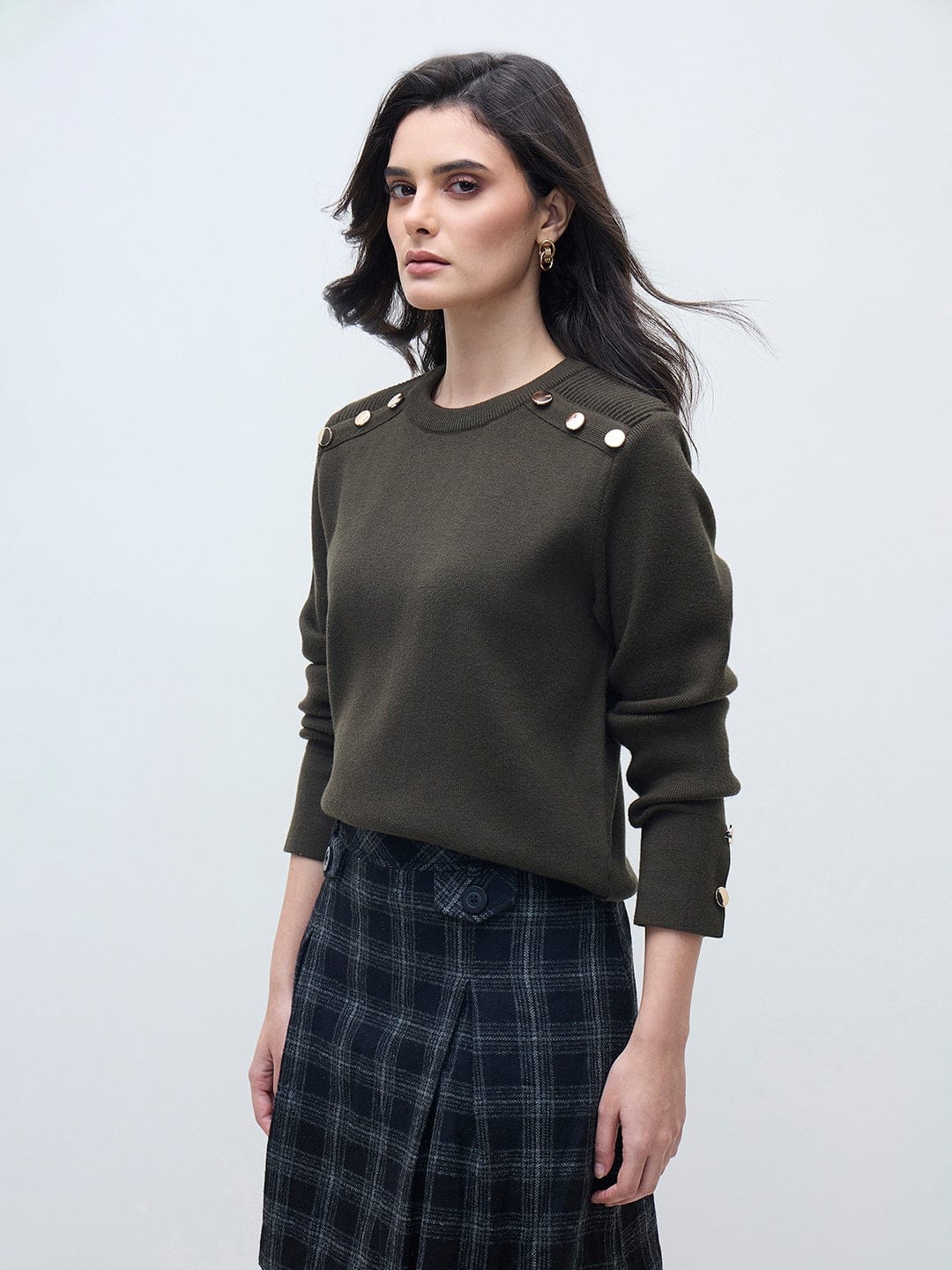 ELLE Women Olive Green Blended Solid Crew Neck Sweater