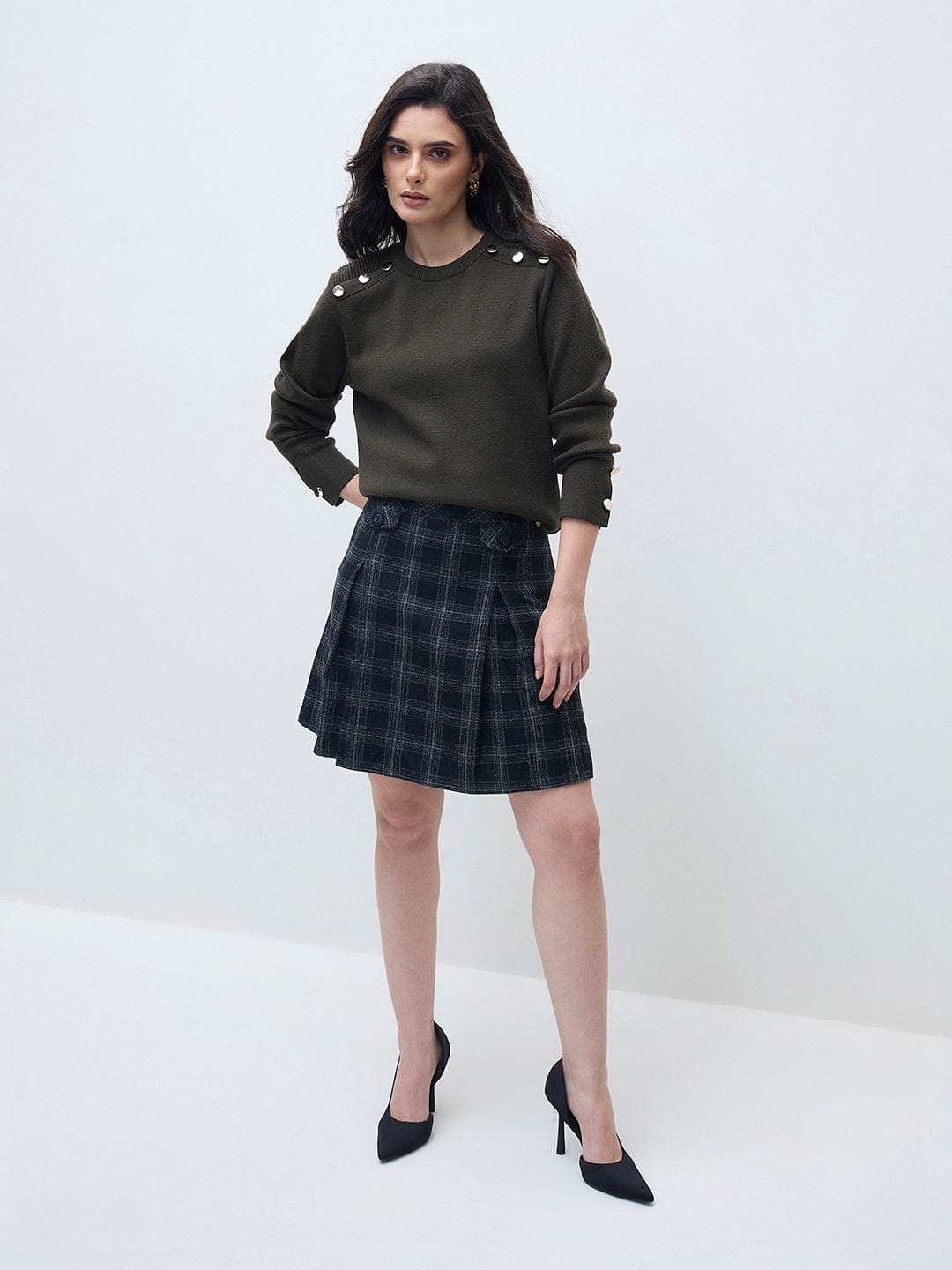 ELLE Women Olive Green Blended Solid Crew Neck Sweater