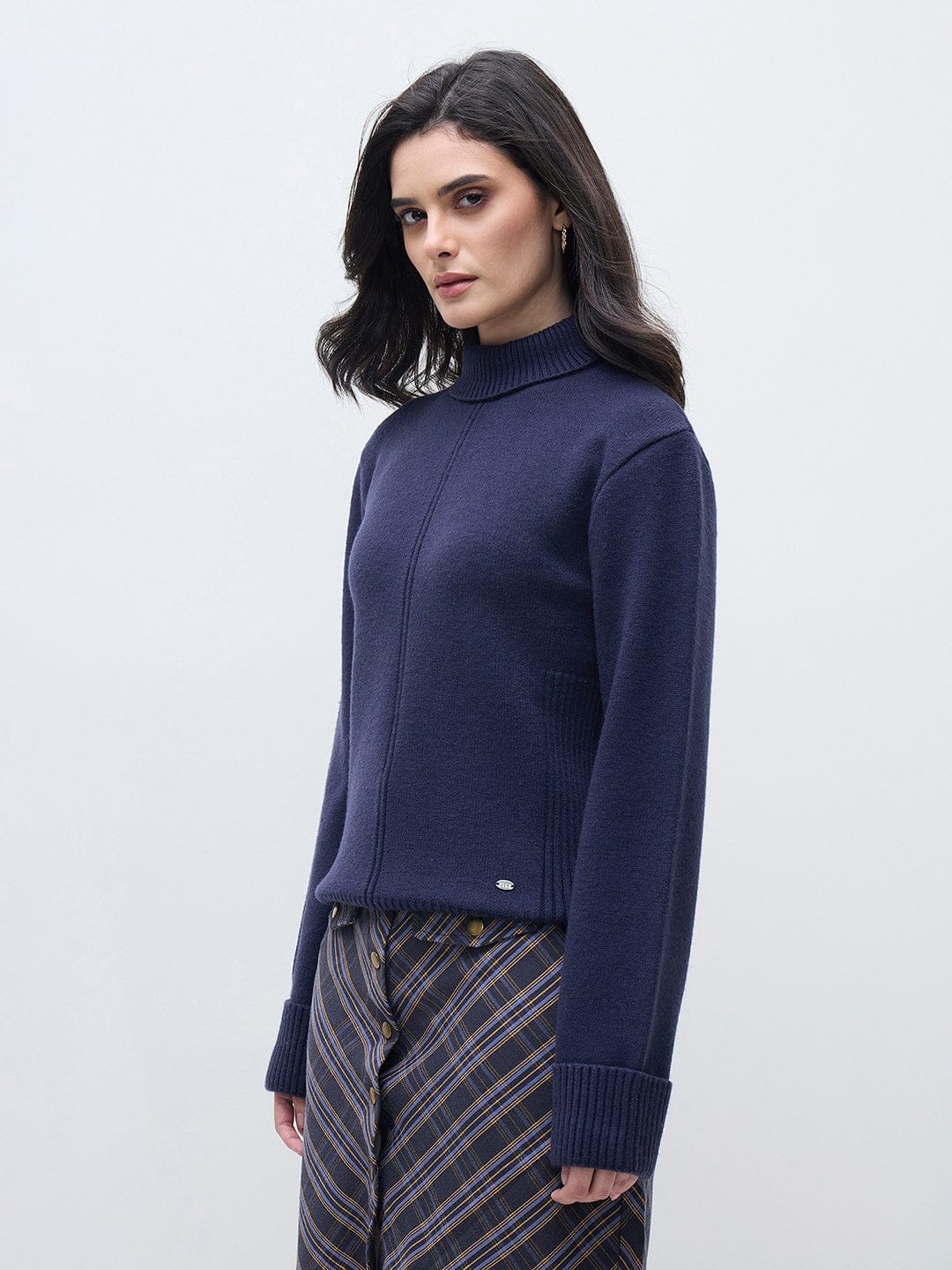 ELLE Women Navy Blue Blended Solid High Neck Sweater