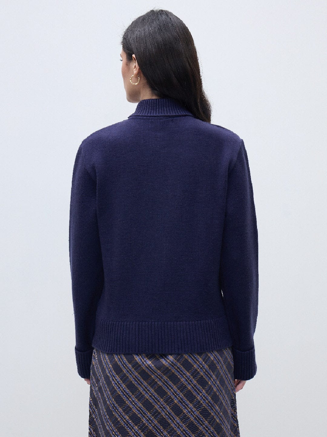 ELLE Women Navy Blue Blended Solid High Neck Sweater