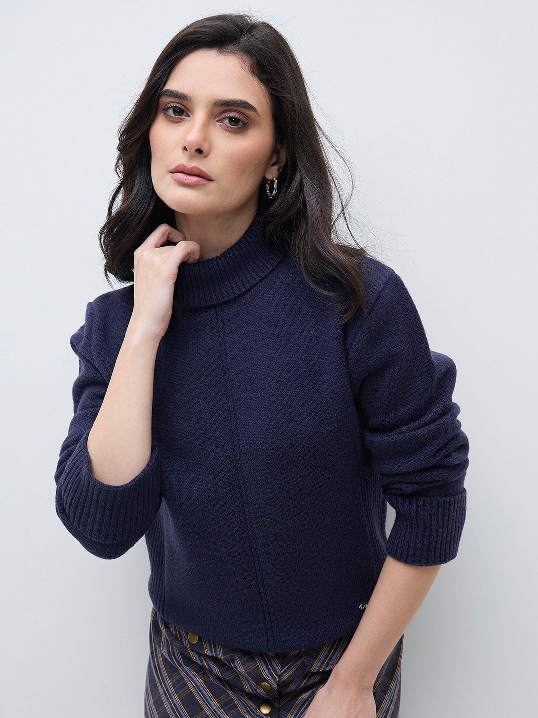 ELLE Women Navy Blue Blended Solid High Neck Sweater