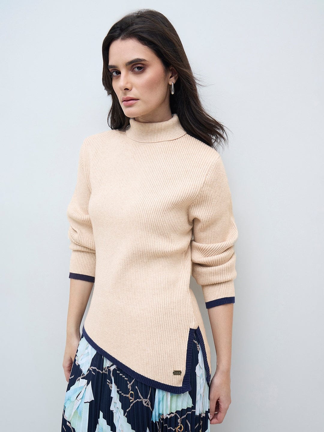 ELLE Women Beige Blended Solid High Neck Sweater