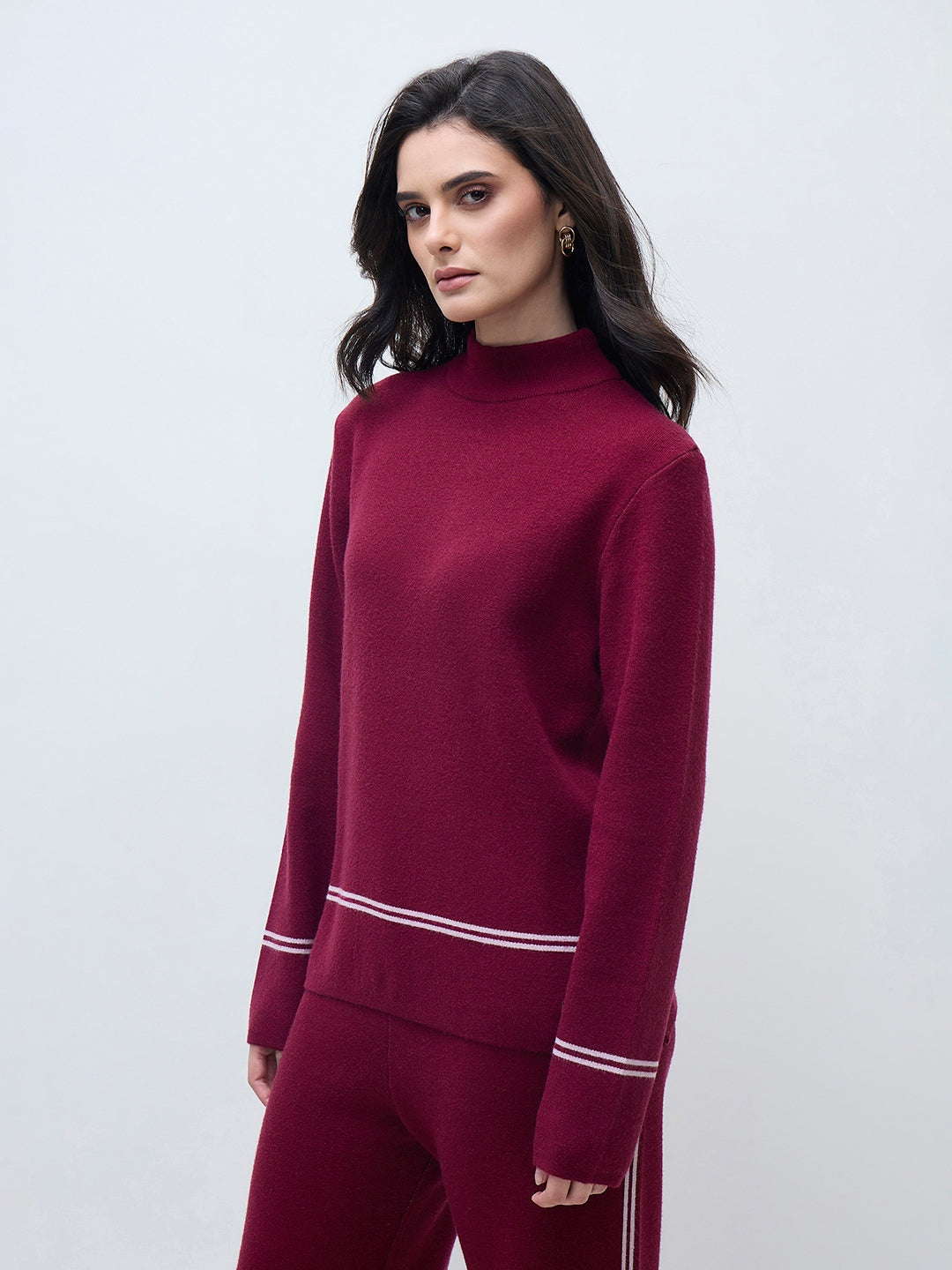 ELLE Women Wine Blended Solid High Neck Sweater