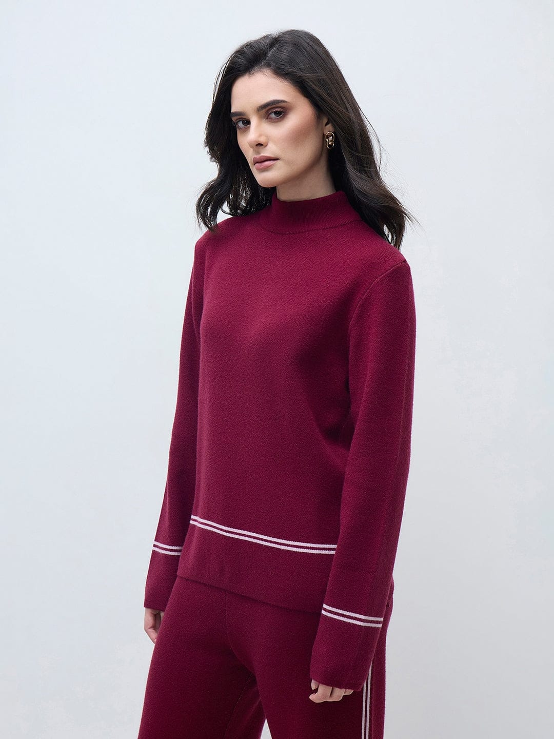 ELLE Women Wine Blended Solid High Neck Sweater