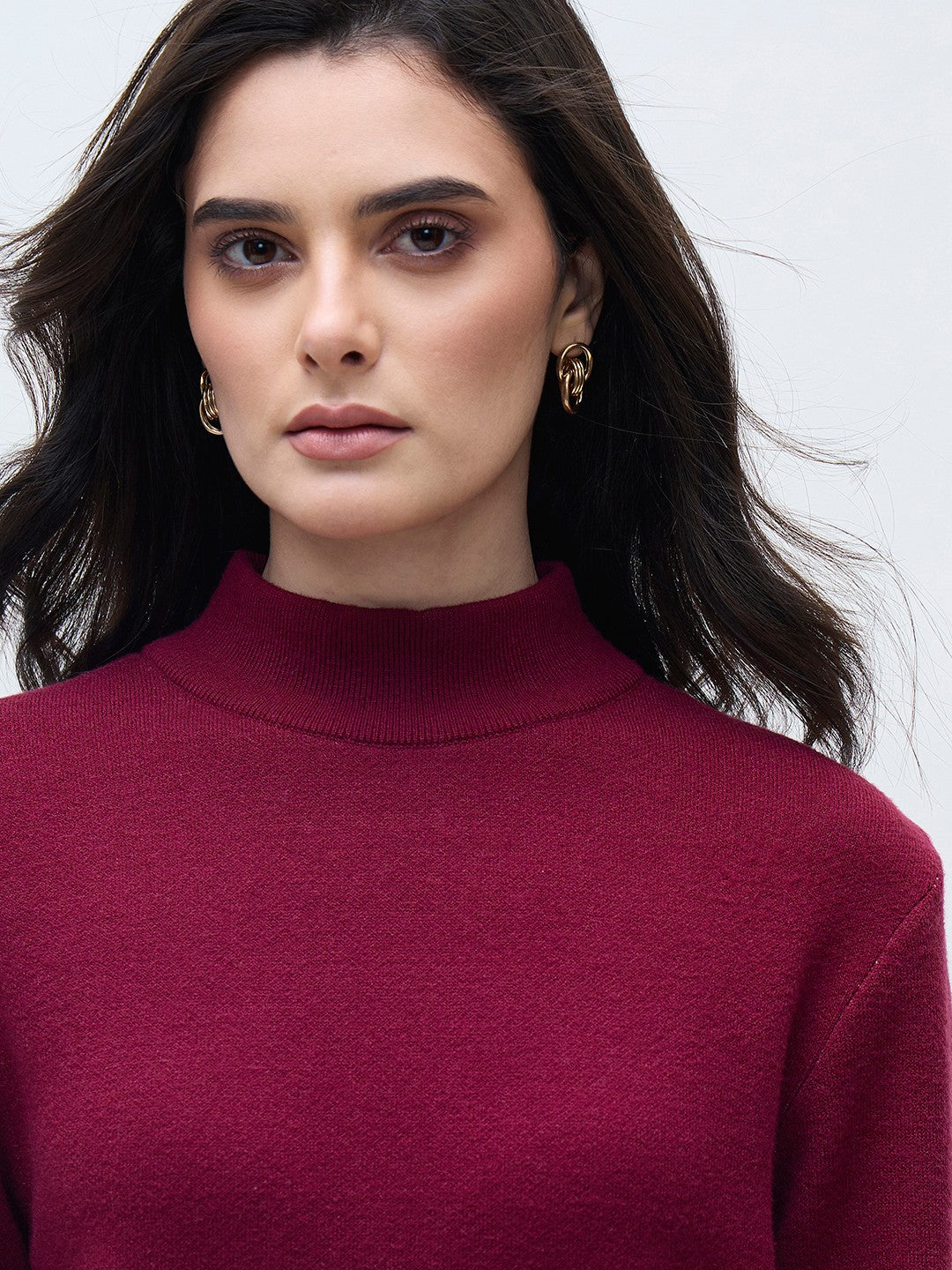ELLE Women Wine Blended Solid High Neck Sweater