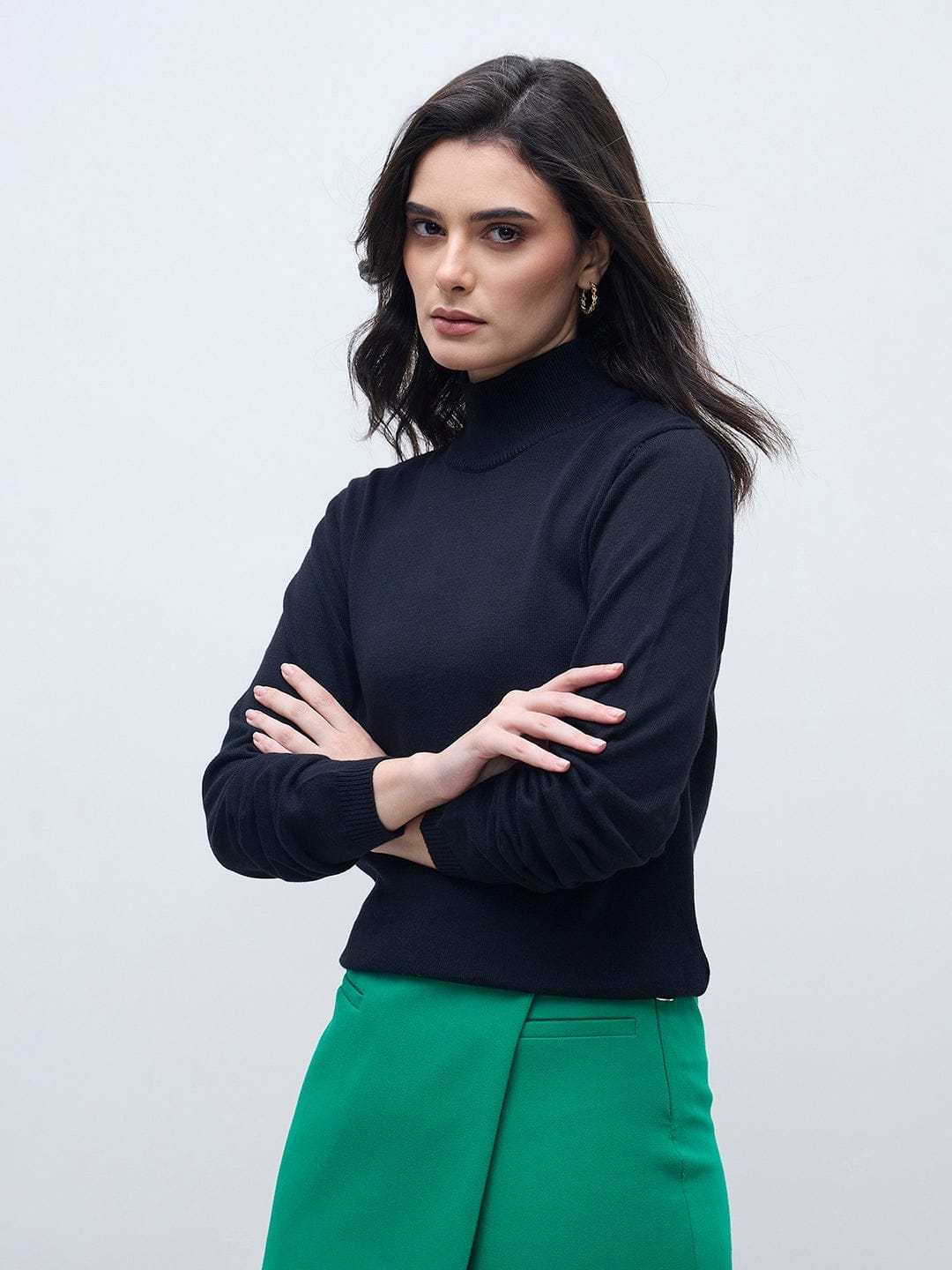 ELLE Women Black Cotton Solid High Rib Neck Sweater