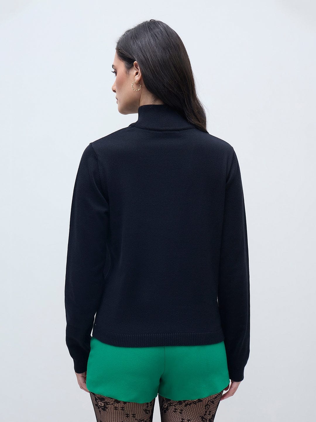 ELLE Women Black Cotton Solid High Rib Neck Sweater